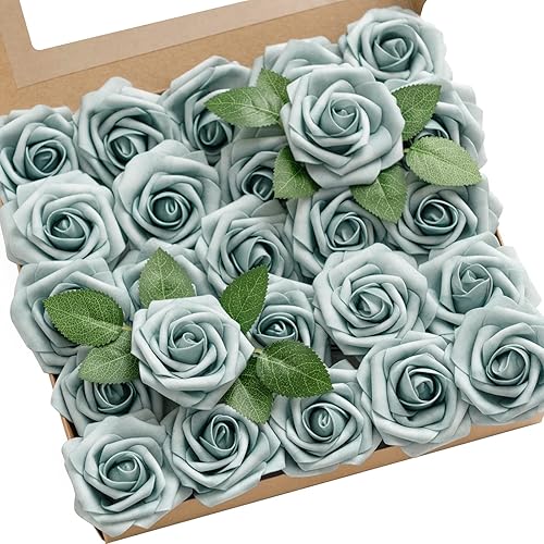 Ling's moment Flores artificiales, 50 rosas azules polvorientas decorativas con tallos, 3 pulgadas de tacto real de espuma floral para ramo de boda,