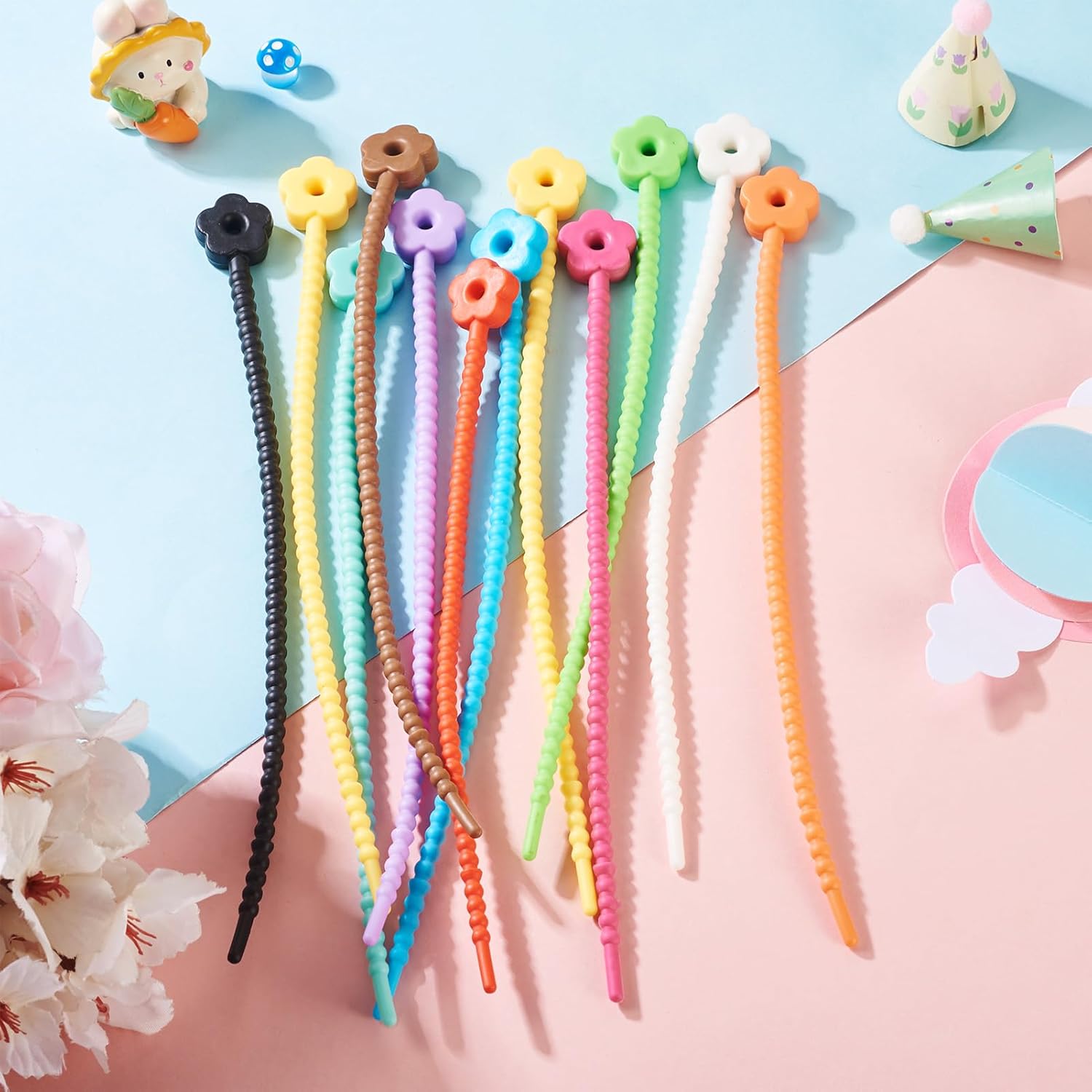 12Pcs Silicone Cable Ties Reusable Cable Organizer Cord Wraps Mixed Color 20x18x7mm (Flower Style)