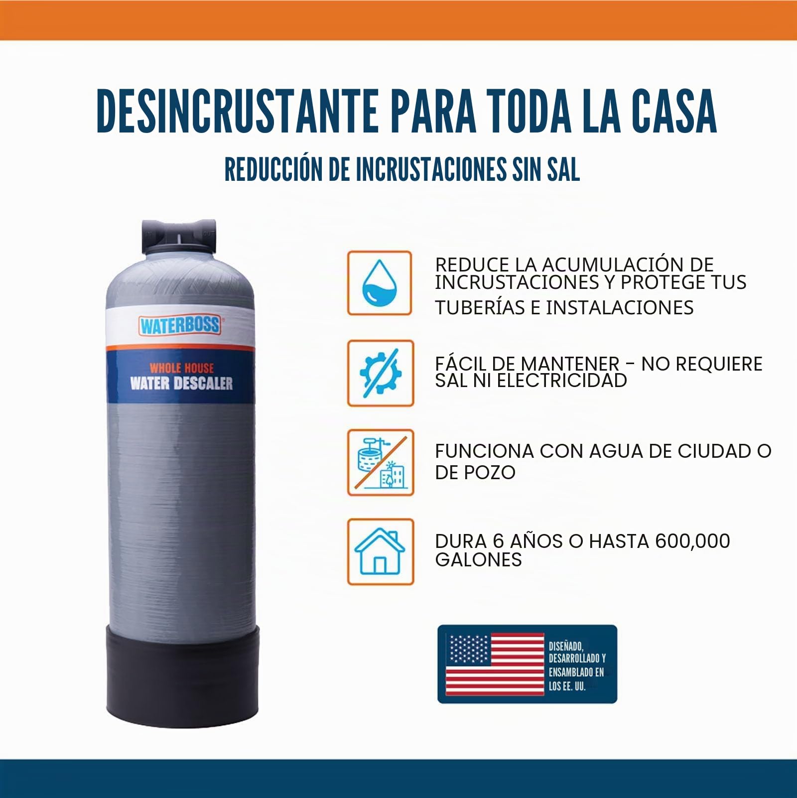 WaterBoss Alternativa para suavizante de agua para toda la casa, sistema descalcificador sin sal para el hogar, funciona con filtros de agua de ciudad y pozo, 6 años, 600.000 Gl, WB-WH-DSCLR