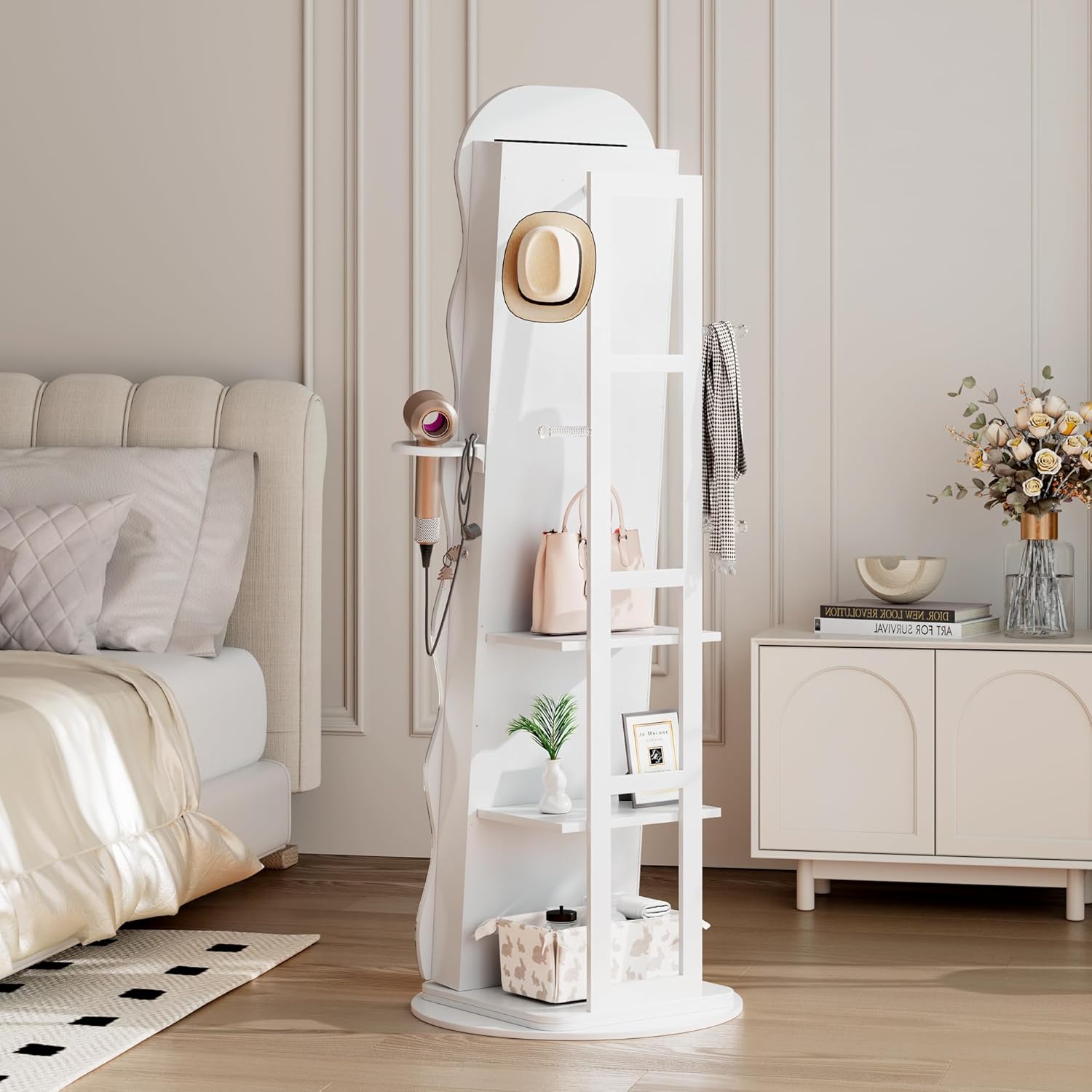 Vlsrka LED Mirror Jewelry Cabinet Standing, 360° Swivel Jewelry Aromire Organizer with Wavy Mirror, Lockable Jewelry Mirror with Storage, Jewelry Cabinet, Interior Mirror, Flodable Shelf, (LED White) - Image 8