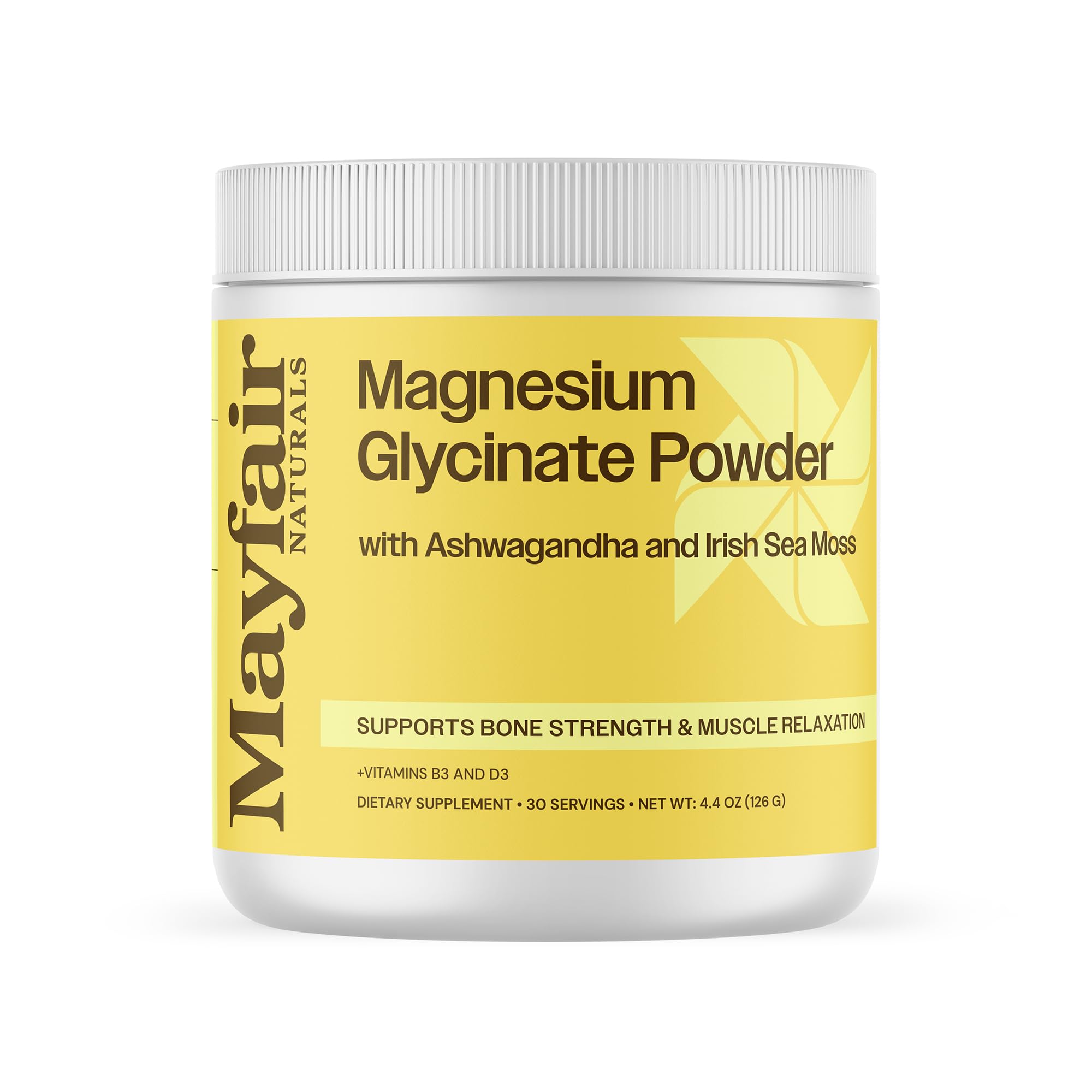 Magnesium Glycinate Powder Supplement, with Ashwagandha and Irish Sea Moss, Supports Bone Strength & Muscle Relaxation, 30 Servings