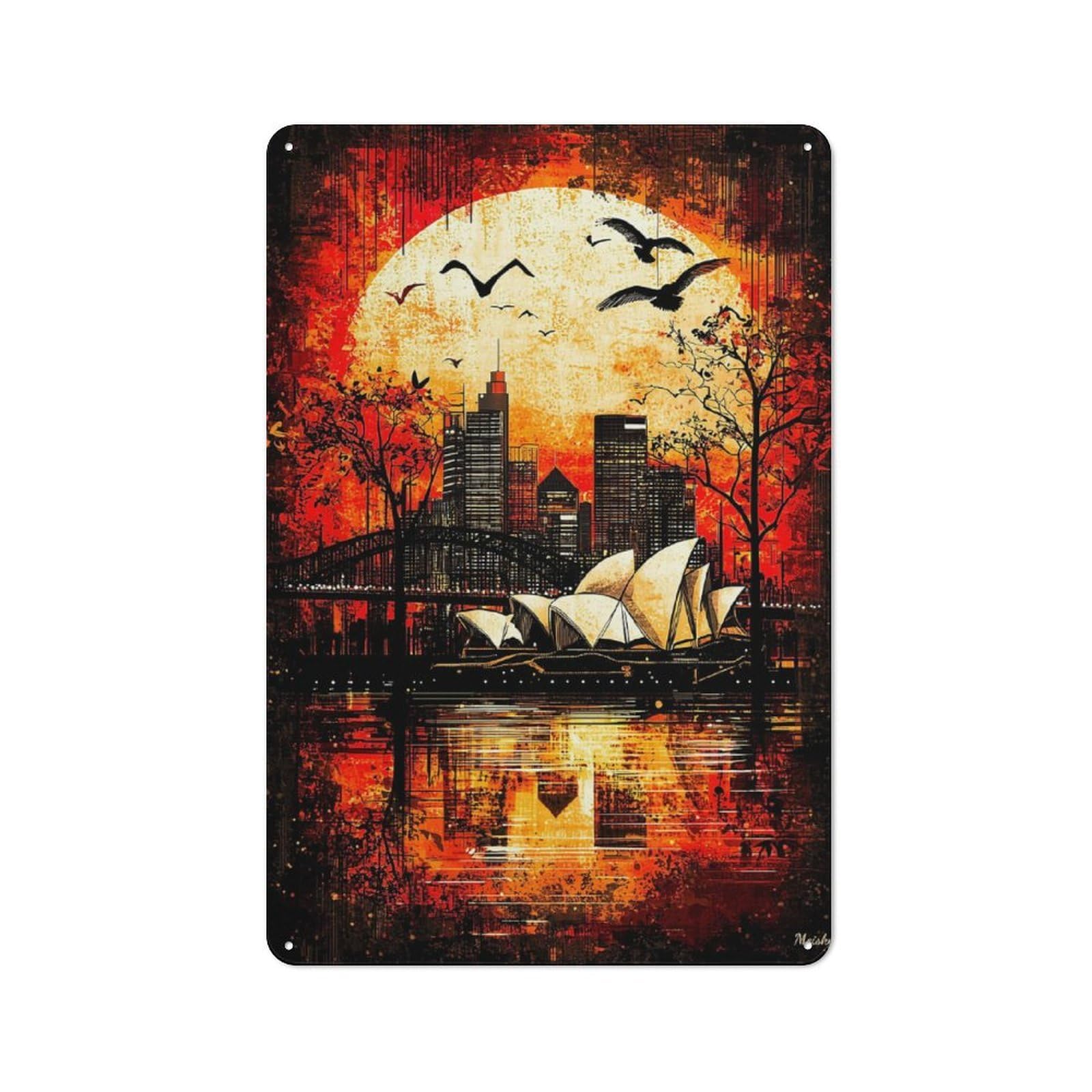 Junmoney Crimson Tide Gothic Sydney At Sunset Metal Wall Sign 30X20cm Featuring For Living Room Wall, For Decorating Living Rooms And Feature Walls