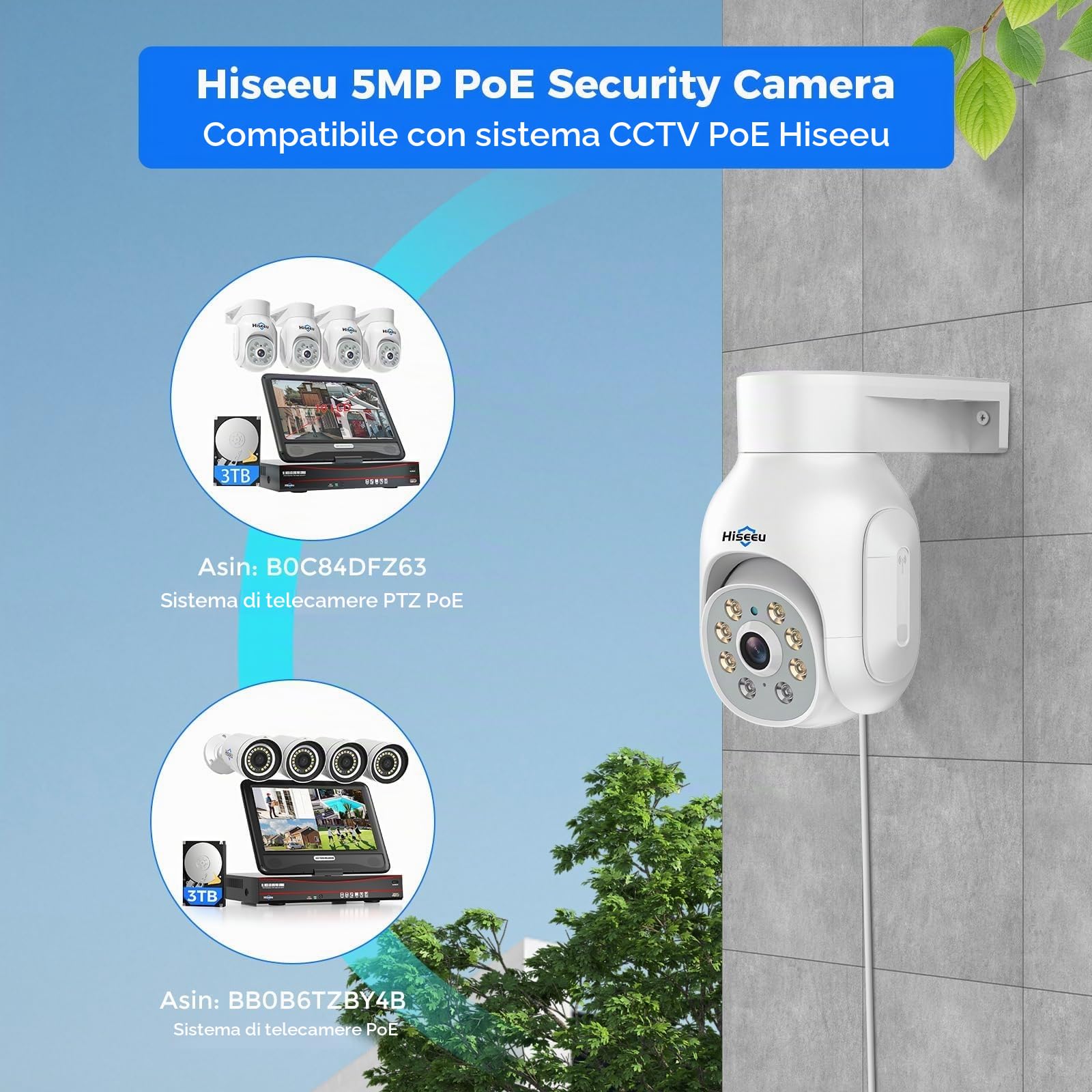 Hiseeu 5MP Telecamera di Sorveglianza Esterna PoE con Cavo Ethernet, 360 ° PTZ Telecamera IP Esterno No WiFi, 30m Visione Notturna Colori, Rilevamento Movimento, Audio Bidirezionale, POE Kit
