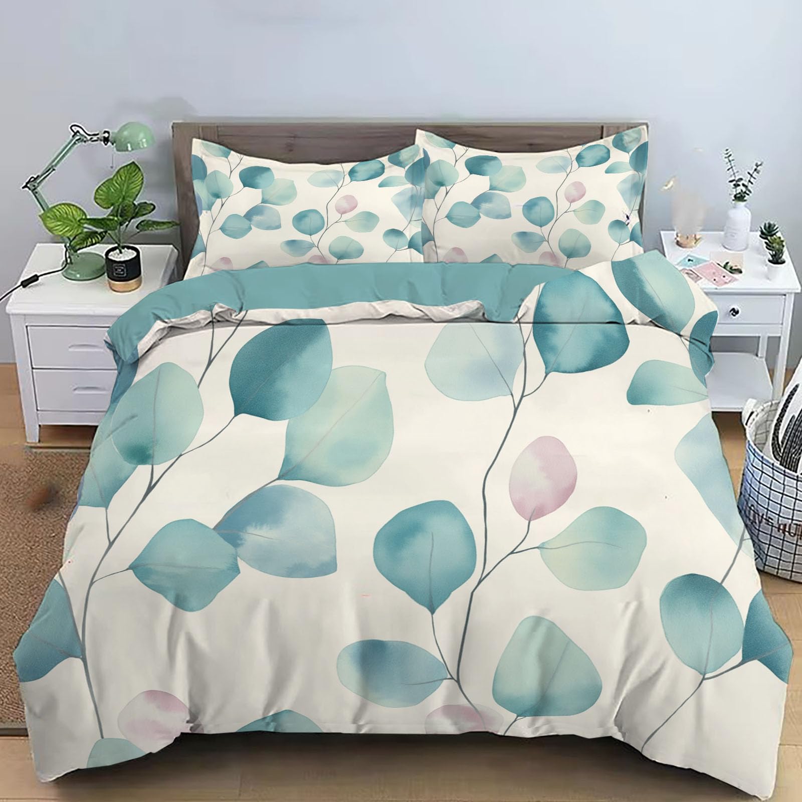 Housse de couette 240x260cm blanc cassé à motif feuilles d'eucalyptus avec 2 taies d'oreiller