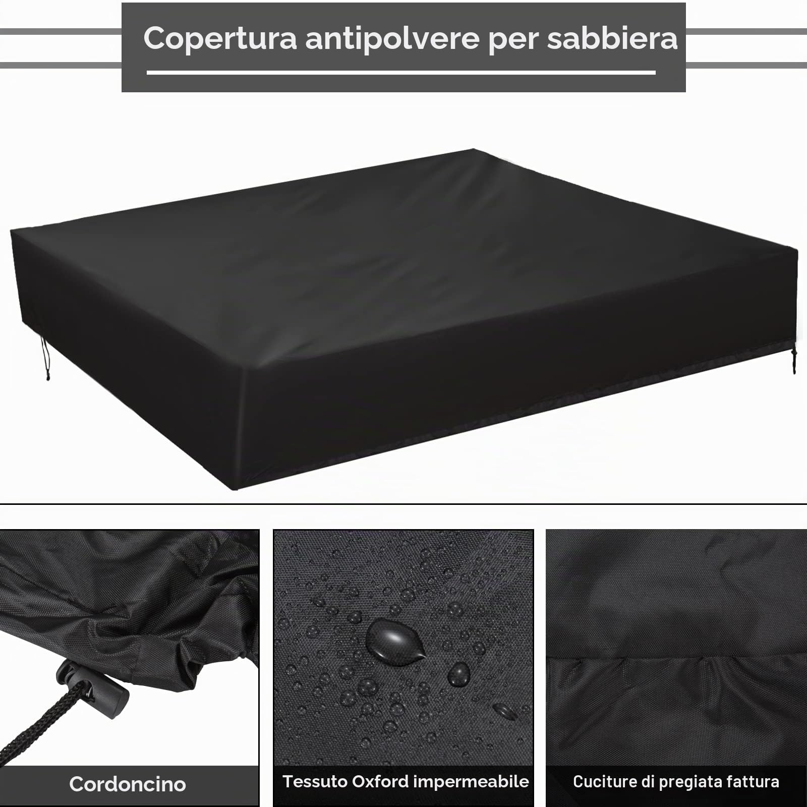 Copertura Sabbiera Impermeabile, 150 * 150cm Telo per Sabbiera Giocattoli Protezione in Tessuto Oxford, Copertura Antipolvere con Coulisse, per Bambini Sabbiera, Piscina, Giardino (Nero)