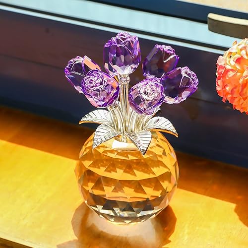 Miniatura 7 de Figura de cristal de flor de rosa morada con jarrón, adorno de ramo de flores, regalos para esposa, novia, mujeres, flor de cristal coleccionable