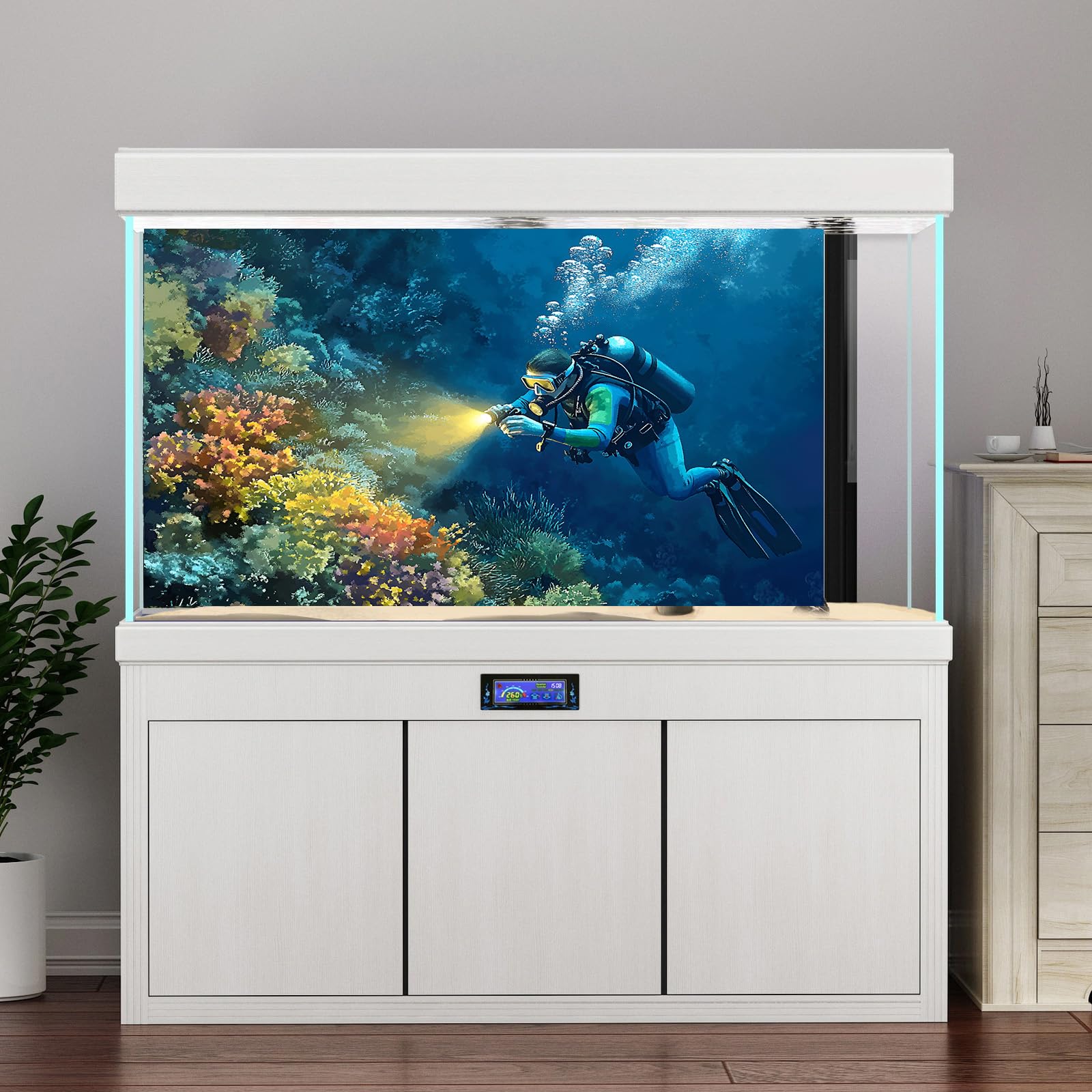 Fond d'aquarium sous-marin autocollant pour aquarium (60 x 120 cm, plongeur sous-marin)