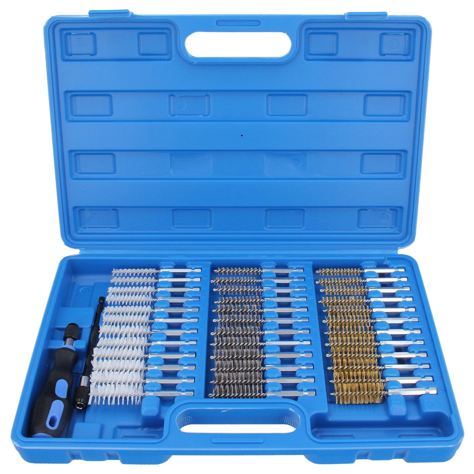 GEPCO 38-tlg. Rundbürsten Set | Nylon Stahl Messing Drahtbürsten | Reinigungsbürsten für Bohr- Akku- & Druckluftbohrer | Rohrreiniger | Bohrlochbürsten Entgraten Zylinder Rohre | 1/4" Schaft, Ø 8-19mm