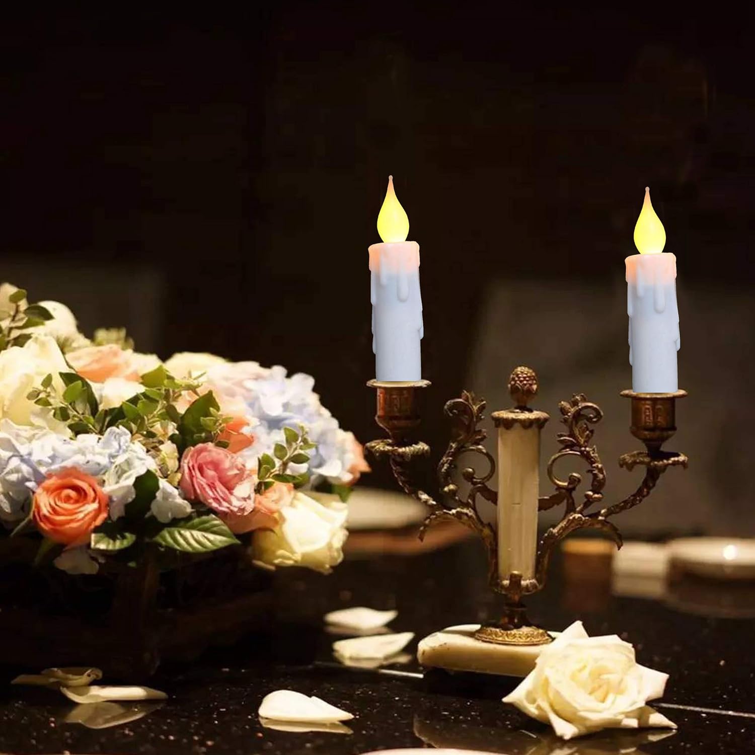 LINCOUNTRY. Short Flameless Taper Candles, 4.75 Inch Battery Operated LED Taper Candles with Timer, Flickering Flame White Electric Candlesticks for Fireplace Christmas Halloween Wedding Decor, 4 Pack