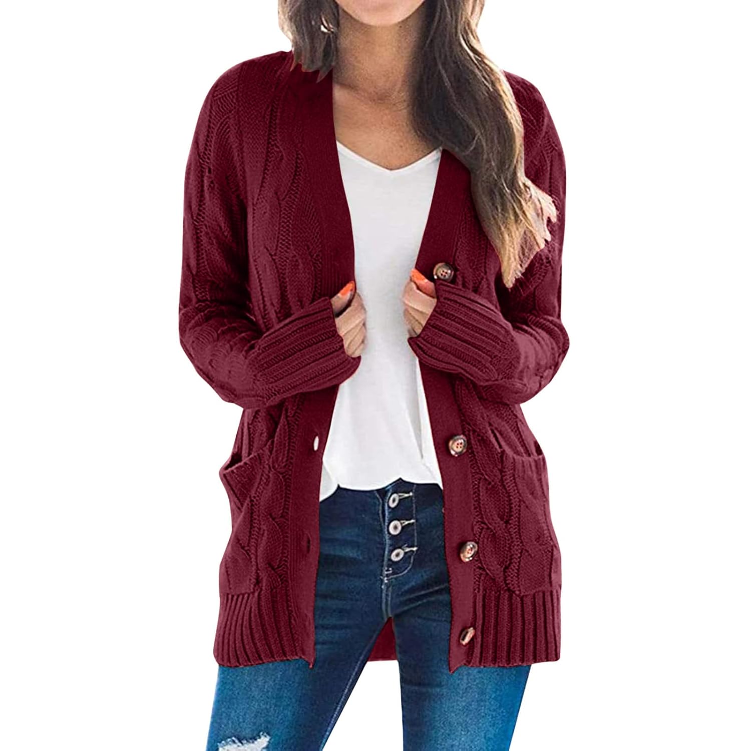 Chunky Cardigan Sweaters for Women with Pockets Button Open Front Cable Knit Cardigans Sweaters Winter Outerwear