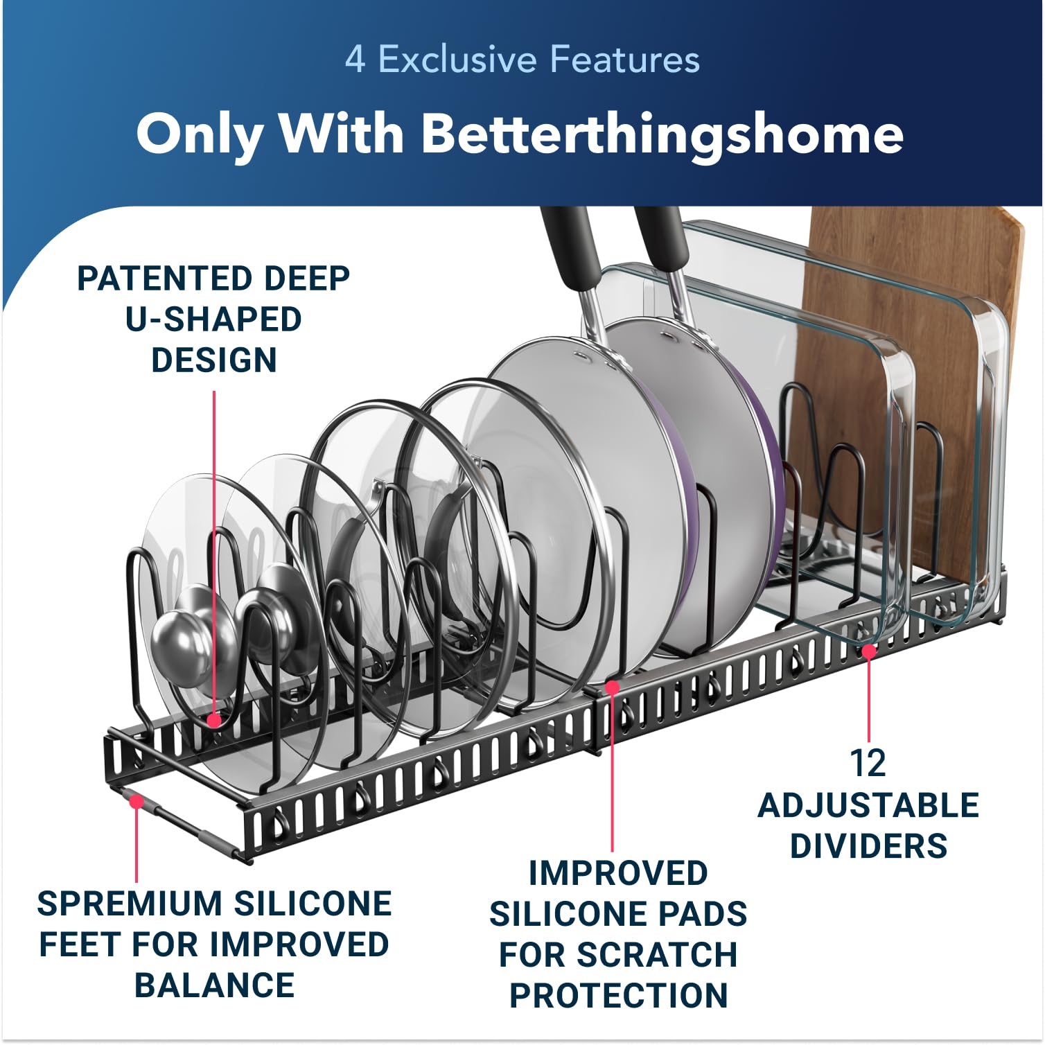 betterthingshome Más de 9 tapas, soporte de tapa expandible: total de 10 compartimentos ajustables, almacena más de 9 tapas, se puede extender a 56,5 cm de soporte de tapa expandible (10 divisores),