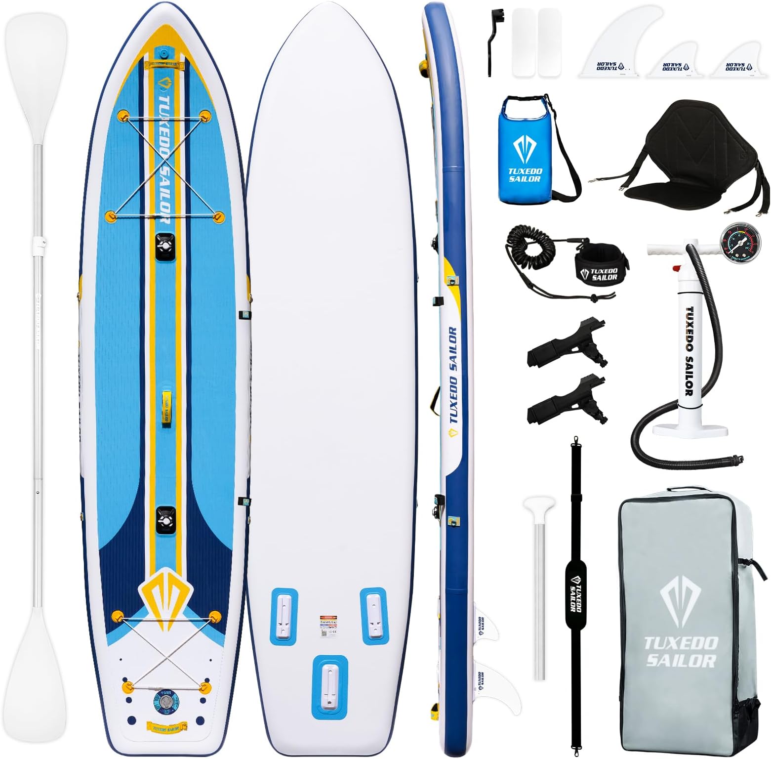 Tuxedo Sailor Inflatable Stand Up Paddle Board with Complete Accessories for Surfing and Traveling