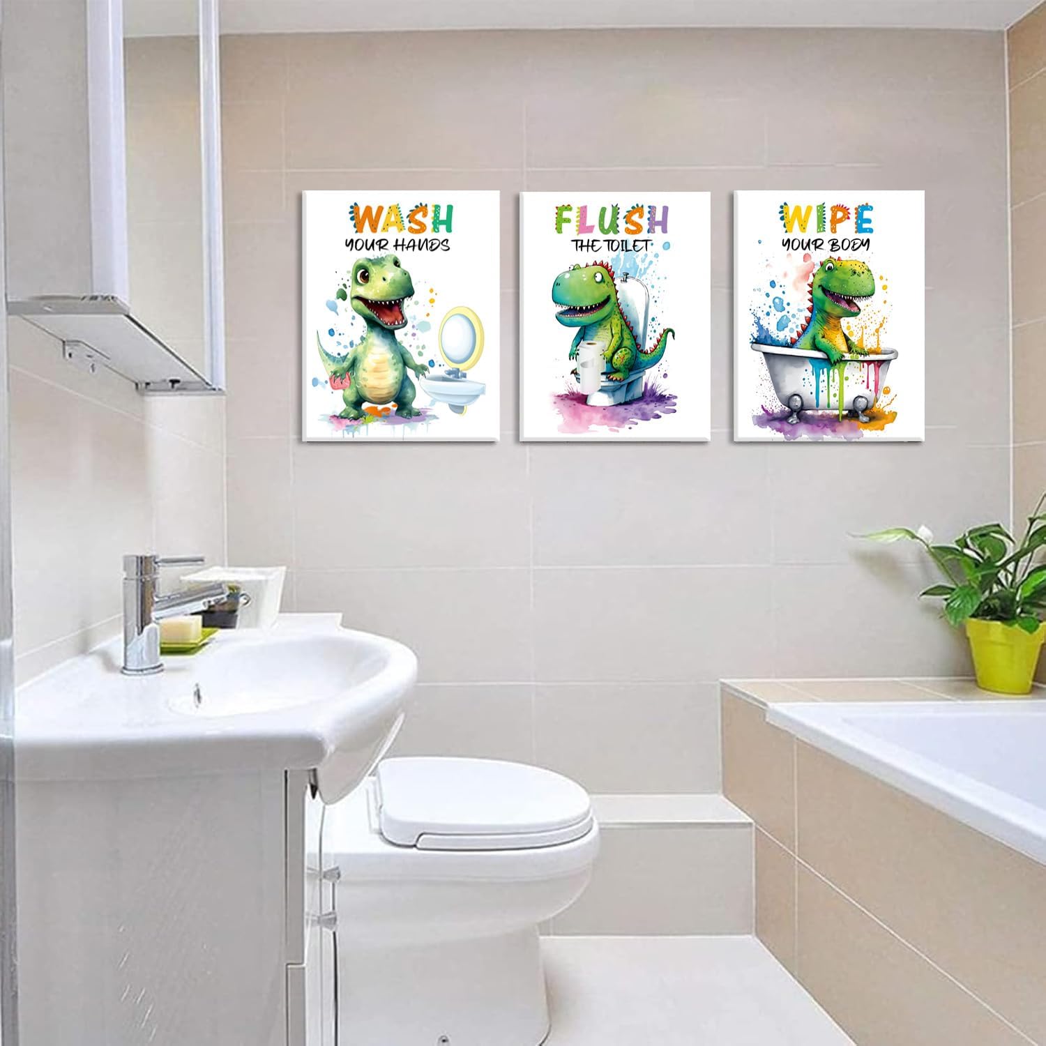 ZHAXFA Framed Dinosaur Bathroom Wall Art Prints,Kids Bathroom Canvas Wall Art,Funny Dinosaur Themed Inspirational Quotes Art Prints Artwork Home Decor Set of 4 (8”X10”inch)