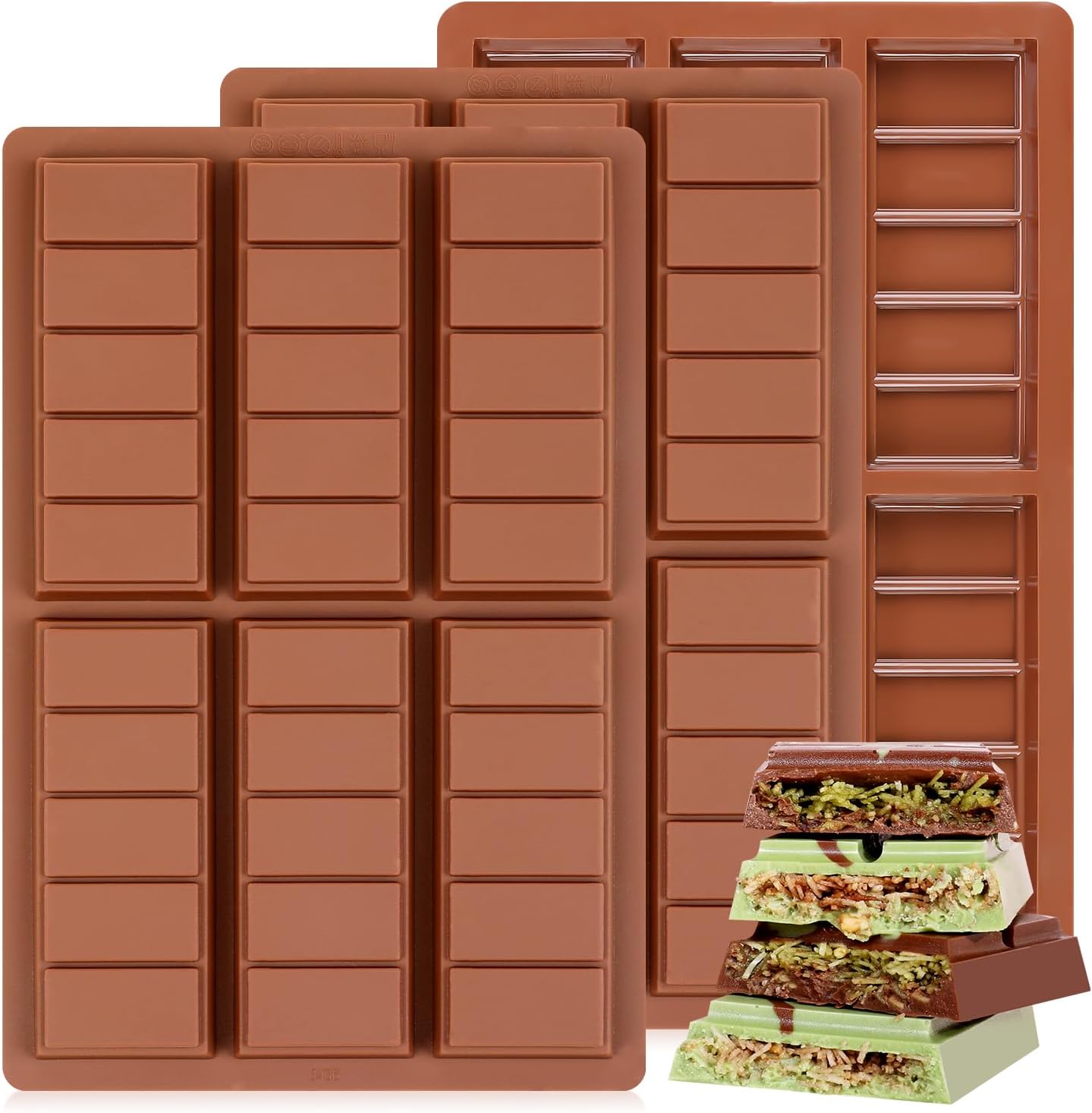 Chocolate Molds, Non-Stick Chocolate Bar Mold, Food Grade Silicone Deep Mold for Dubai Chocolate Bar Pistachio, Snacks - Set of 3