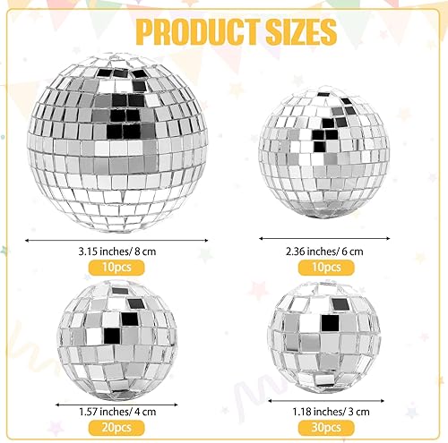 Miniatura 2 de Geetery 70 piezas de decoración de pastel de bola de discoteca de varios tamaños, espejo reflectante plateado, mini bola de discoteca pequeña,