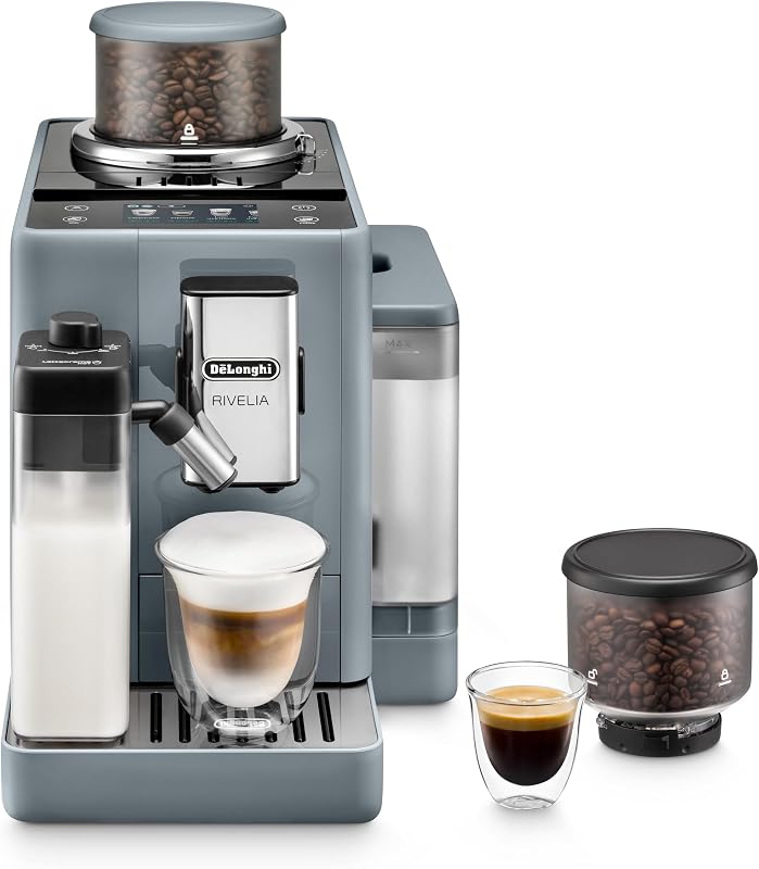 Cafetera espresso automática Rivelia, espumador de leche, gris guijarro | Máquina de café espresso n.º 1 en el mundo, tolvas de granos extraíbles, 18 recetas de un solo toque, espumador de leche, 4 colores únicos