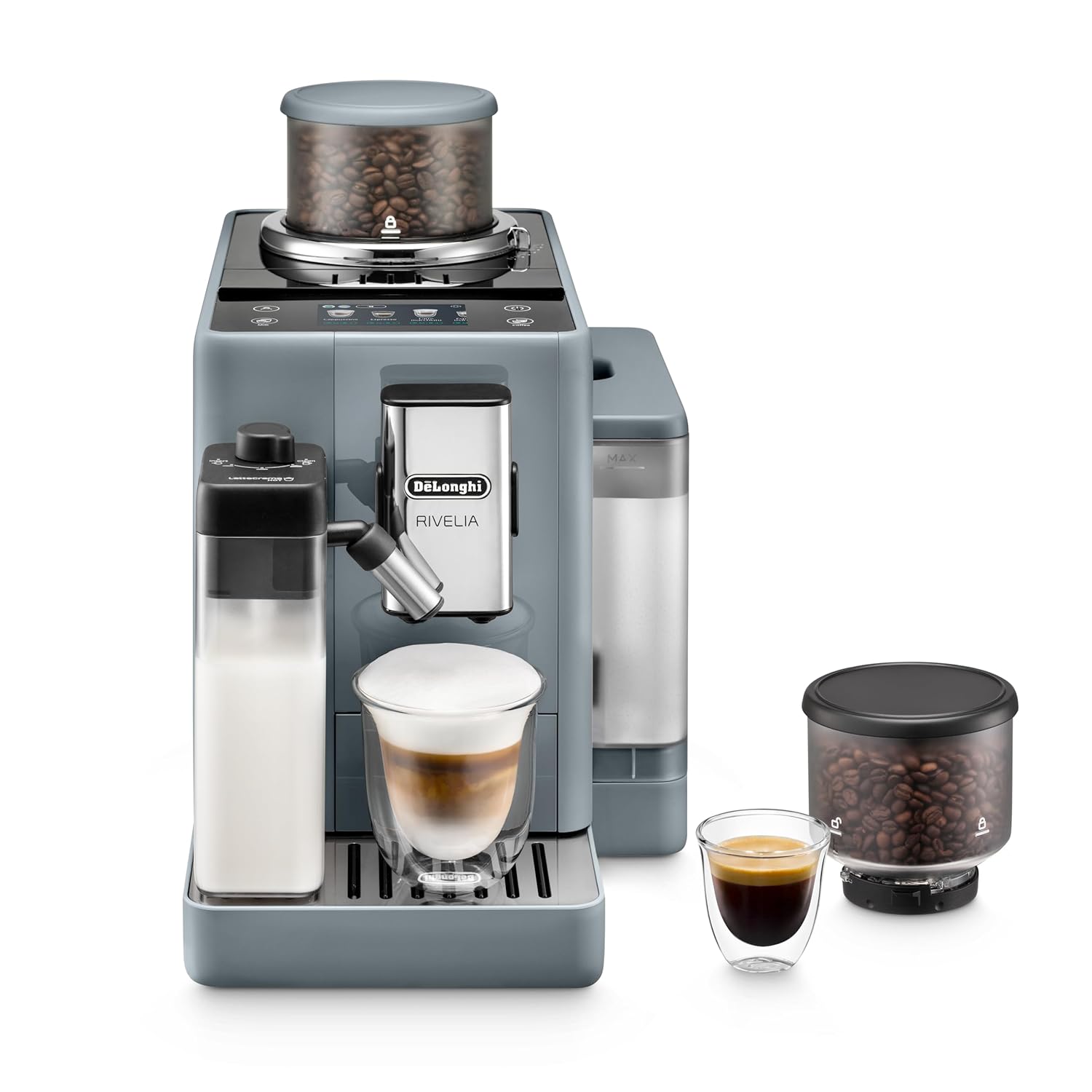 DeLonghi Rivelia Automatic Espresso Machine Grinder Frother Easy Bean Switching Pebble Gray