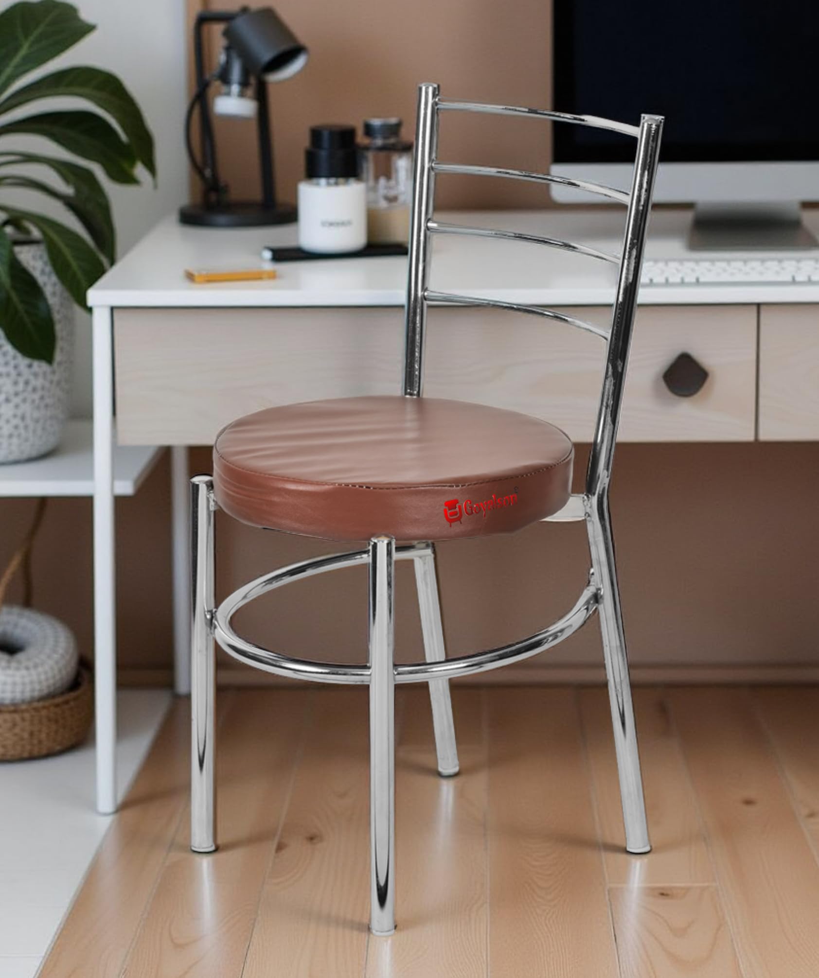RATISON Office Visitor Study Chair Home Restaurant Multipurpose with a Leather Cushion Steel Chrome Chair with Ring (Brown, 1)-image-10