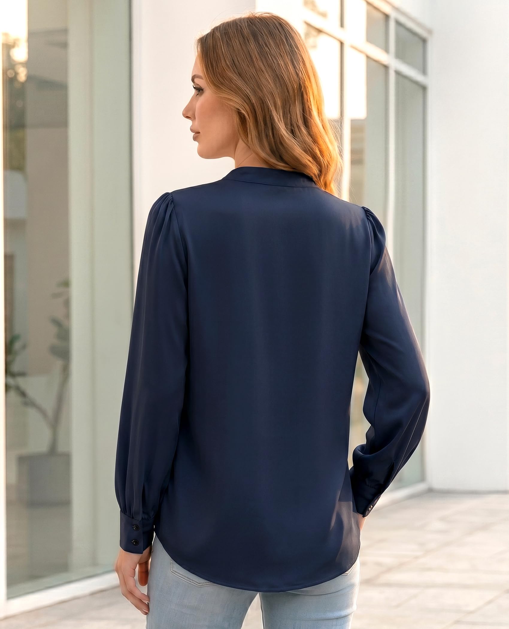 Enmain Camicia Donna Elegante Manica Lunga Camicetta Chiffon con Scollo a V Blusa Cerimonia Casual Ufficio con Bottoni