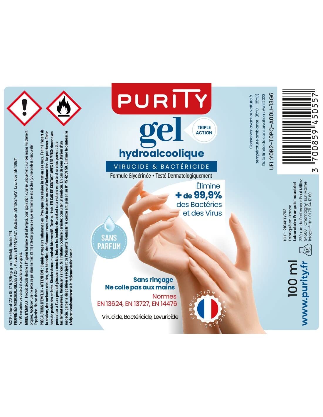 10 Mini-flacons de 100ml - Gel Hydroalcoolique Purity 703 - Sans parfum
