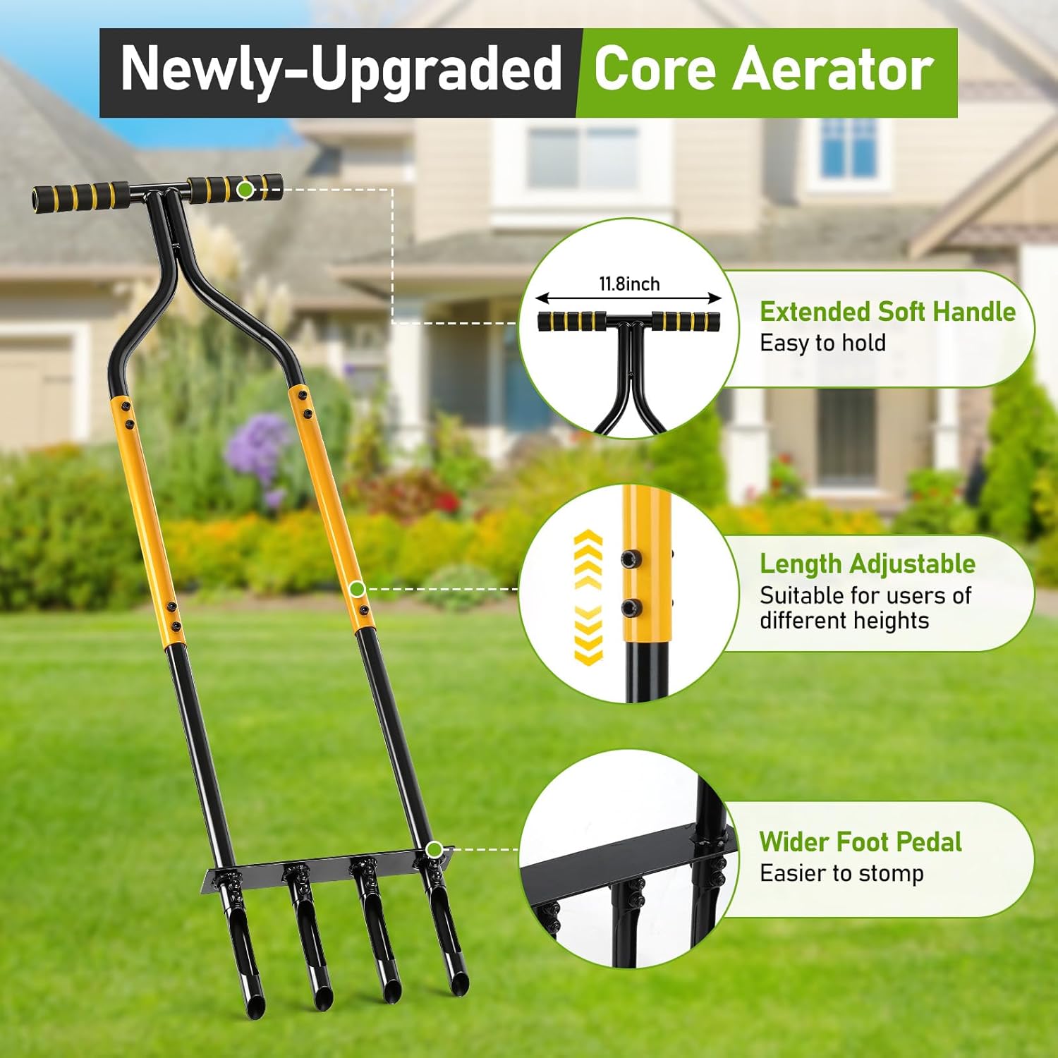 Knee-Friendly Manual Lawn Aerator Tool, 42.6-45 Inch Adjustable Height Core Aerator for Grass, Pre-Assembled Yard Aeration Tool with 4 Hollow Tines for Lawn Care and Compacted Soil