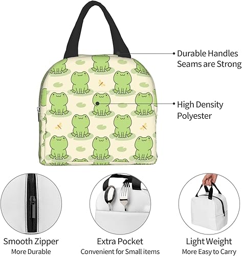 Miniatura 7 de Senheol Lonchera con estampado de rana y libélula, bolsa de almuerzo con aislamiento Kawaii, bolsa de comida reutilizable, bolsas de almuerzo para