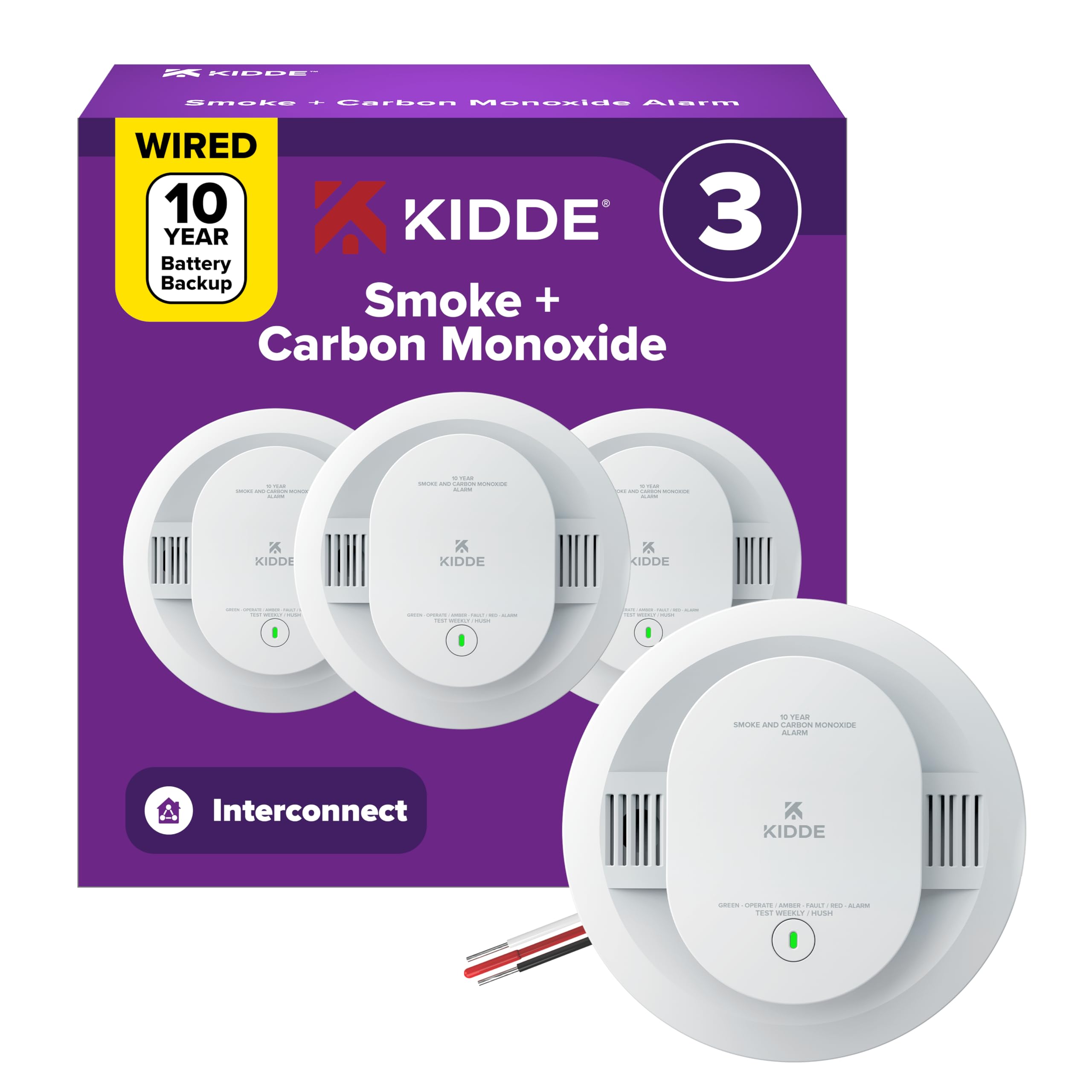 Kidde Smoke & CO Detector, Hardwired & 10-Year Battery, 30CUA10, 3 Pack