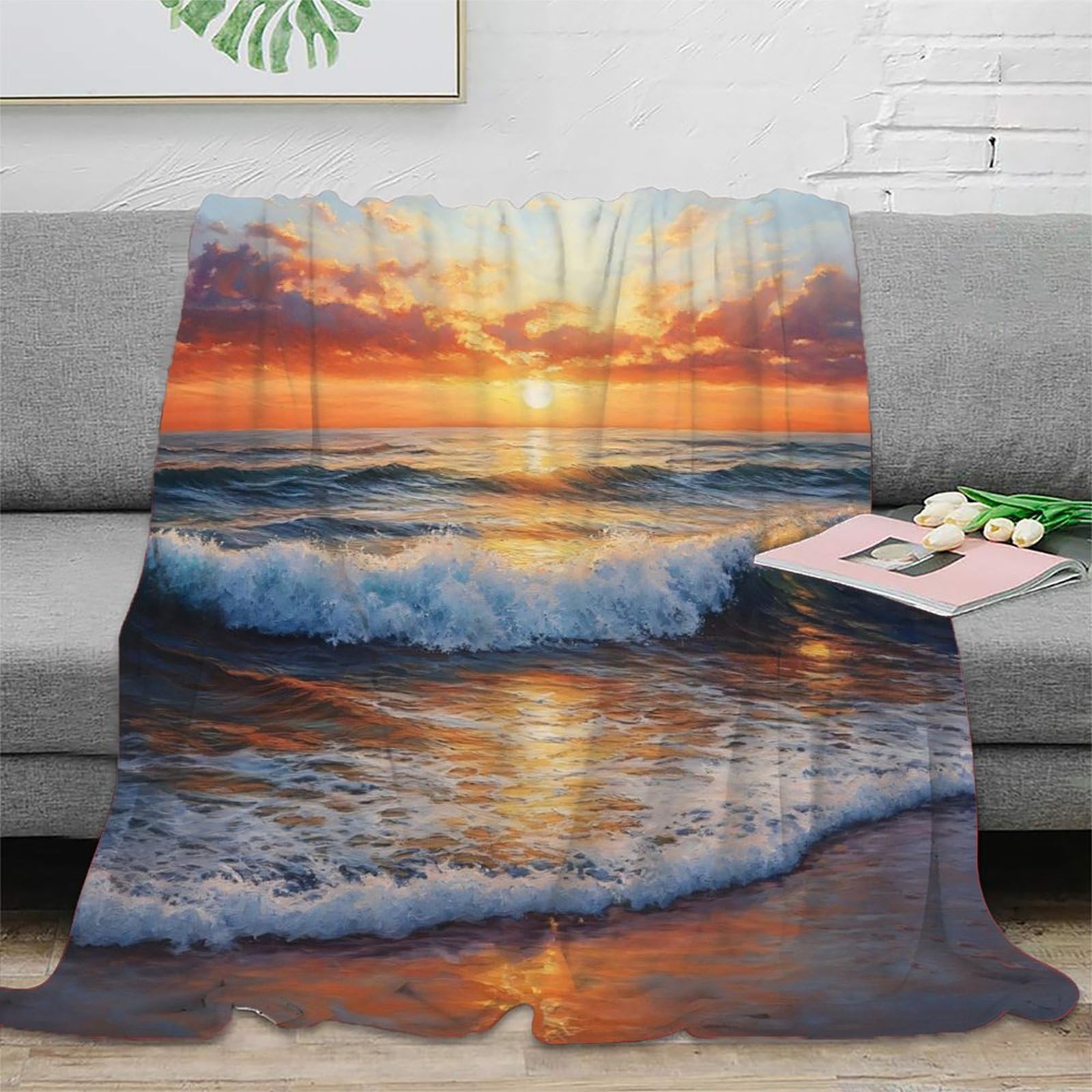 Couverture ocean waves de qualite superieure au design 3D coastal sunset 150x200cm