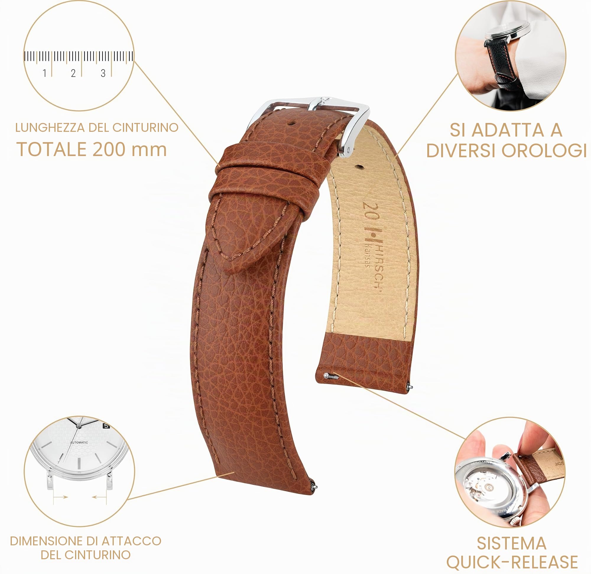 HIRSCH Cinturino Kansas L - vera pelle di vitello - stampa a bufalo - uomo/donna - Goldmarrone - 20 mm