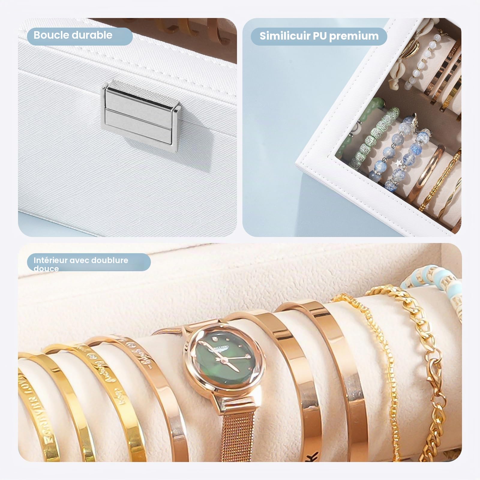 Lolalet Organisateur de Bracelets, Boîte à Bracelets et Montres avec Couvercle Transparent, Présentoir à Bijoux pour Femmes et Filles -2 Coussins, Noir