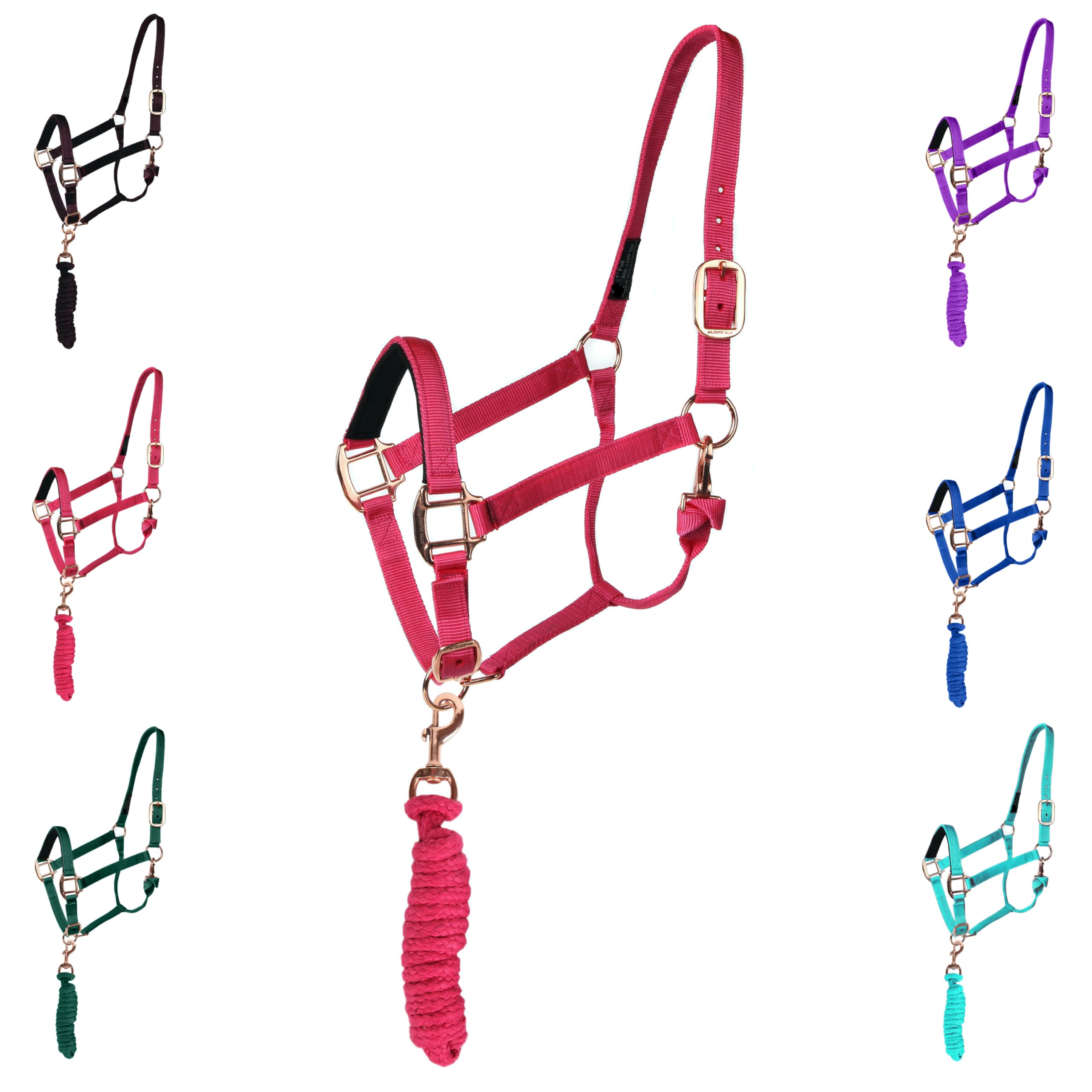 Majestic Ally Halter with Lead Rope for Horses–Adjustable Chin and Crown–Rolled Throat Latch with Replaceable Snap–Padded Noseband–Heavy Duty Rose Gold Finish Hardware–Full (Hot Pink, Pony)