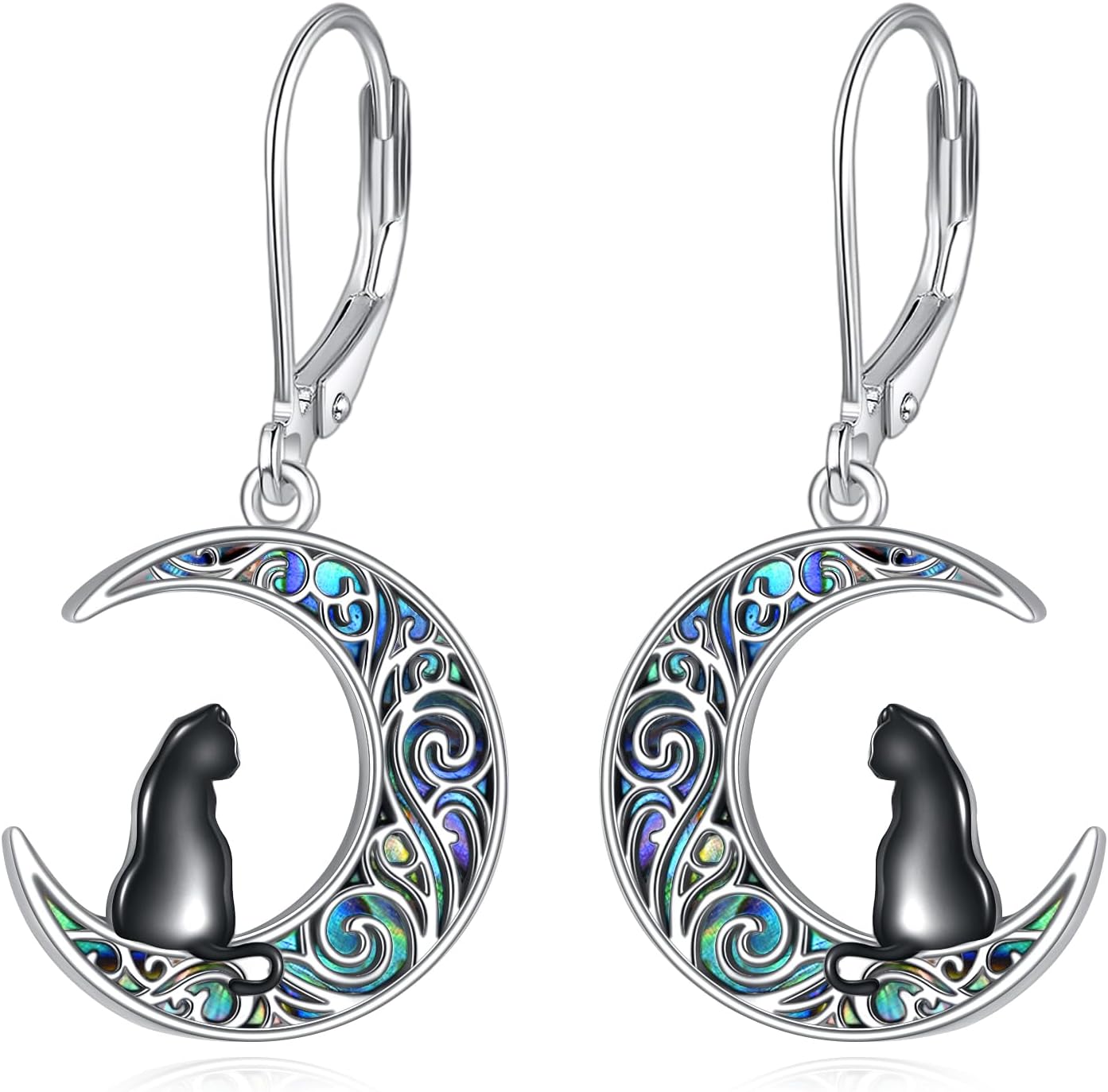 VONALA Cat Earrings 925 Sterling Silver Abalone Shell Moon Black Cat Earrings Jewelry Gifts for Women