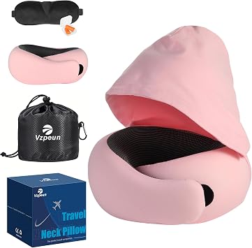 Travel Pillow - Hooded Neck Pillow Airplane Memory Foam Filling for Plane, Office, Cars Sleeping, Road Trip, Long Flights, Airplane Travel Essentials, Includes Eye Mask & Earplugs Pink
