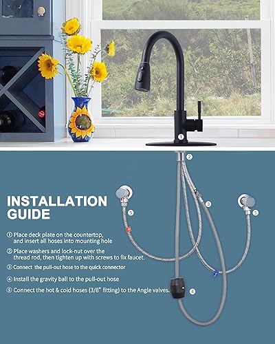 Miniatura 8 de WOWOW Grifo de cocina negro con pulverizador, grifo de fregadero de cocina extraíble sin plomo, grifos de cocina de una sola manija de acero