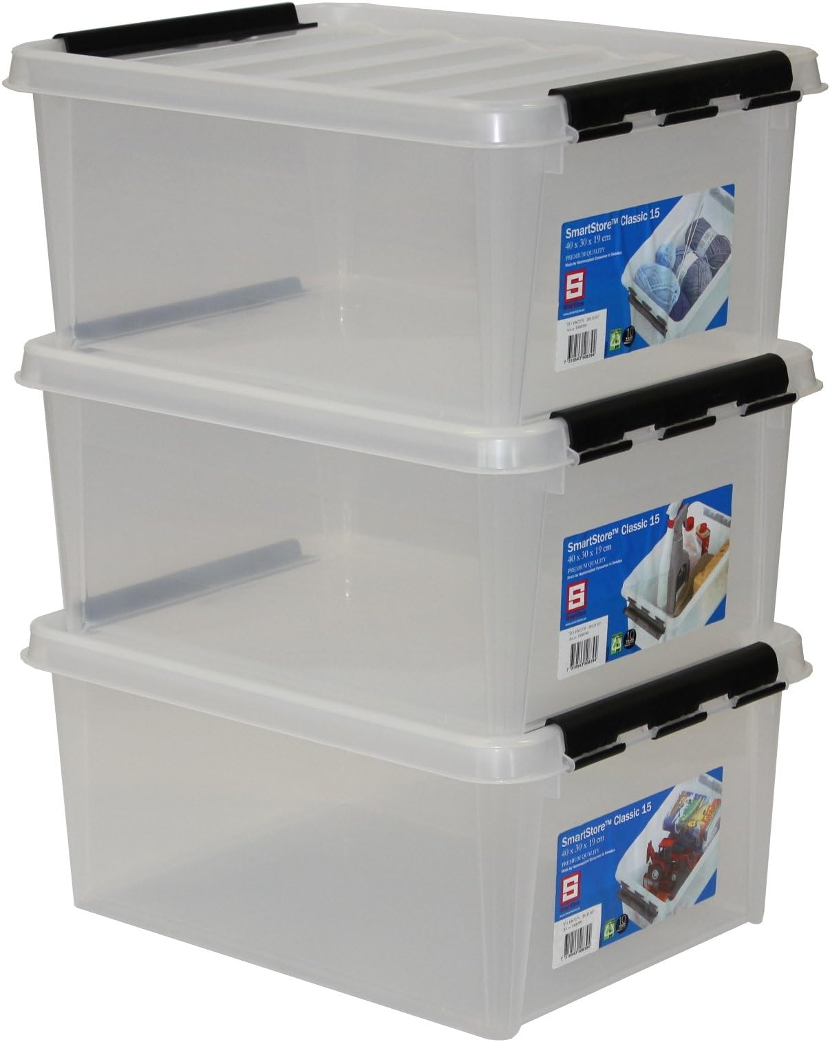 Hammarplast Clipbox Smart Store Classic 15- [Set of 3] - 35083903 Storage Box with Clip-On Lid - 14 Litres Transparent