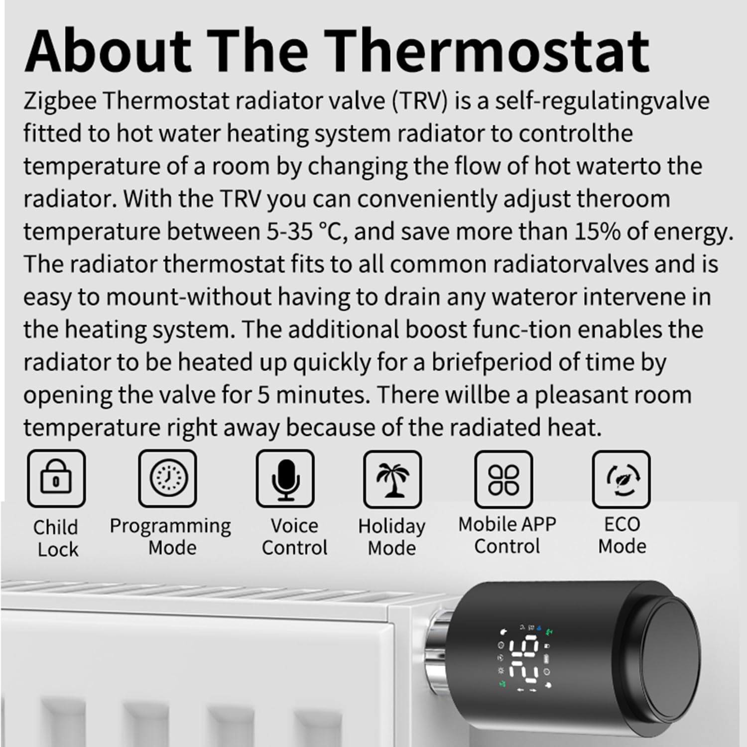 Smart Thermostat Radiator Valve: Programmable Thermostatic Valve, Zigbee Thermostat for Temperature Adjustment App Control - Image 2