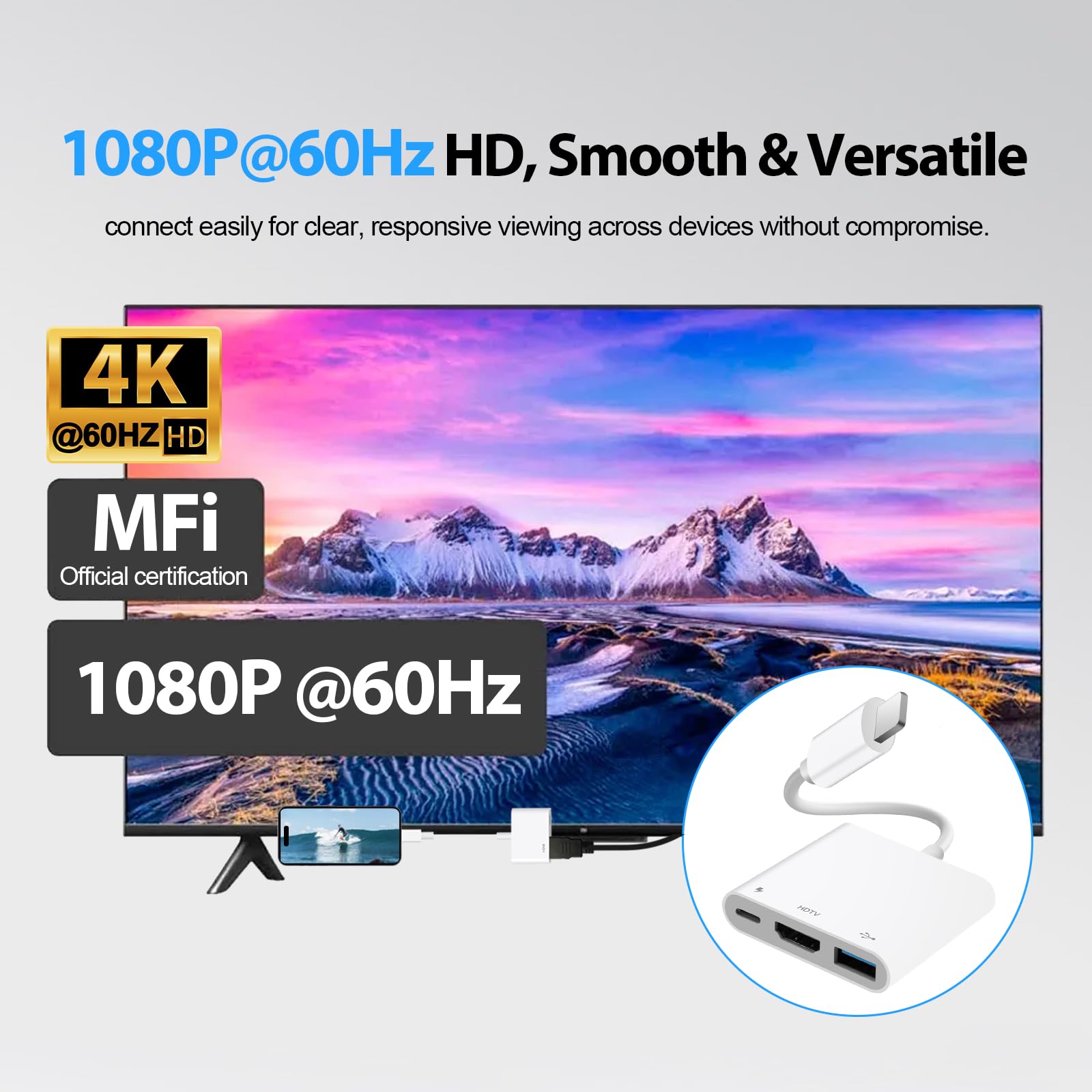 [Certifié Apple MFi ] Hub Adaptateur AV numérique Light-ning pour iPhone iPad, hub d'éclairage 3 en 1 avec Sortie HDMI, Port USB OTG et Port de Charge, Prend en Charge la vidéo, Les Applications, Les