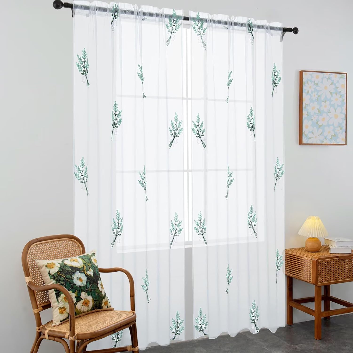 Floral Sheer Curtains Embroidered Lavender Patterned Semi-Sheer Curtain 96 Inches Long 2 Panels Rod Pocket Spring Voile Drapes for Living Room, Bedroom(W52 x L96 Inch, White&Teal) 52"W x 96"L (Pack of 2) Teal
