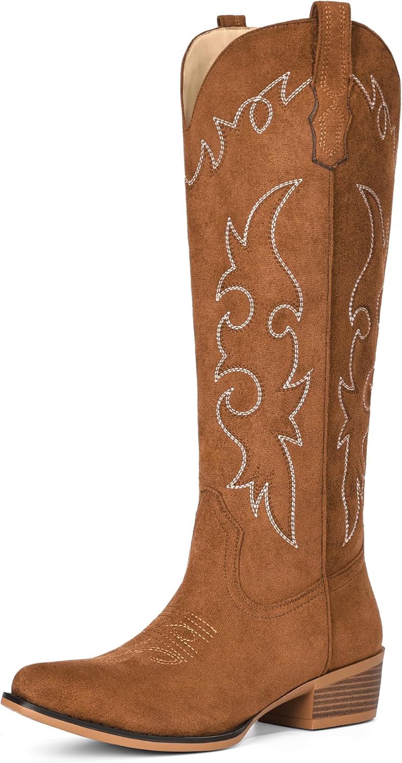Suede Cowboy Boots for Women Knee High Western Cowgirl Boots Pointed Toe Low Heel Classic Embroidered Boot