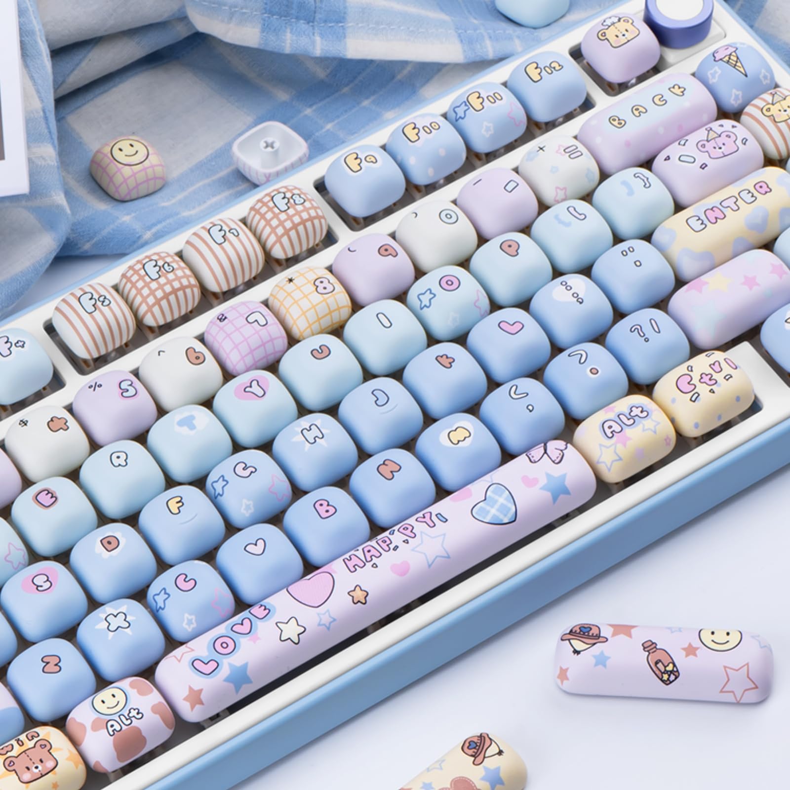 Lot de 136 touches PBT mignonnes par sublimation par sublimation Kawaii, bleu, rose, profil MOG, touches personnalisées pour claviers mécaniques Cherry Gateron MX Swithes