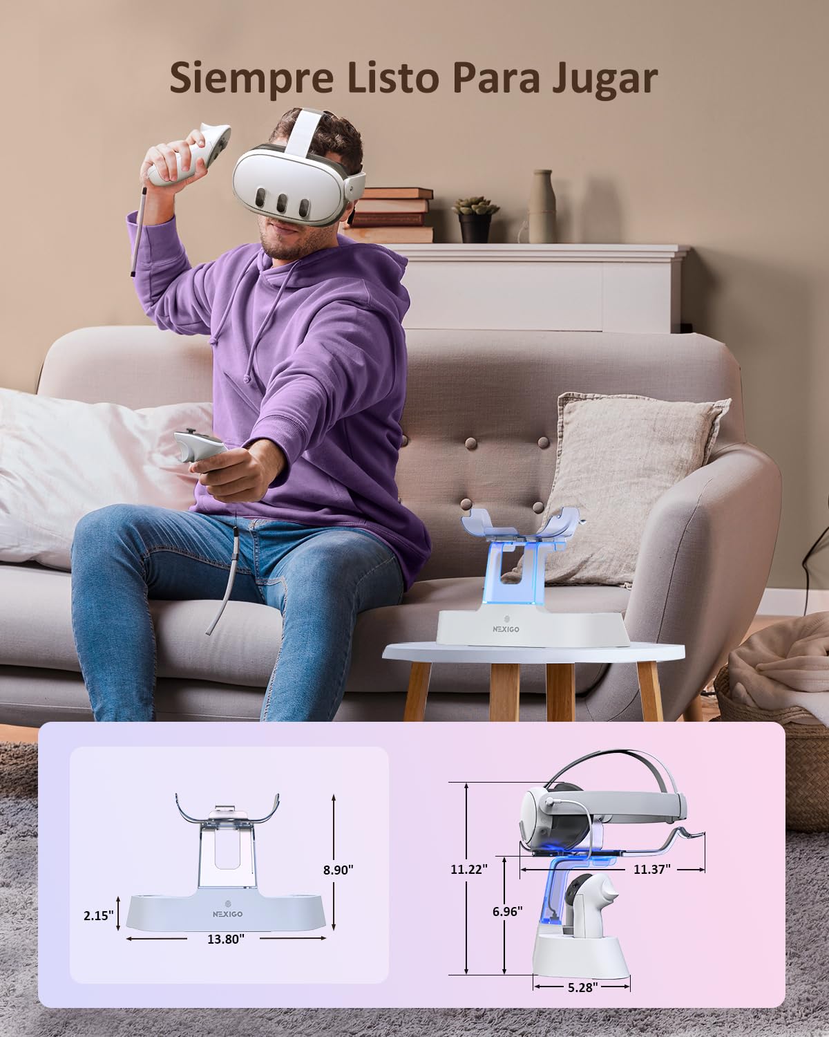 NexiGo Dock de Charge Amélioré avec Lumière LED [on/Off] pour Oculus Quest 3, Support d'Élite avec Batterie, Support de Casque et Manette, Batteries Rechargeables, Blanc