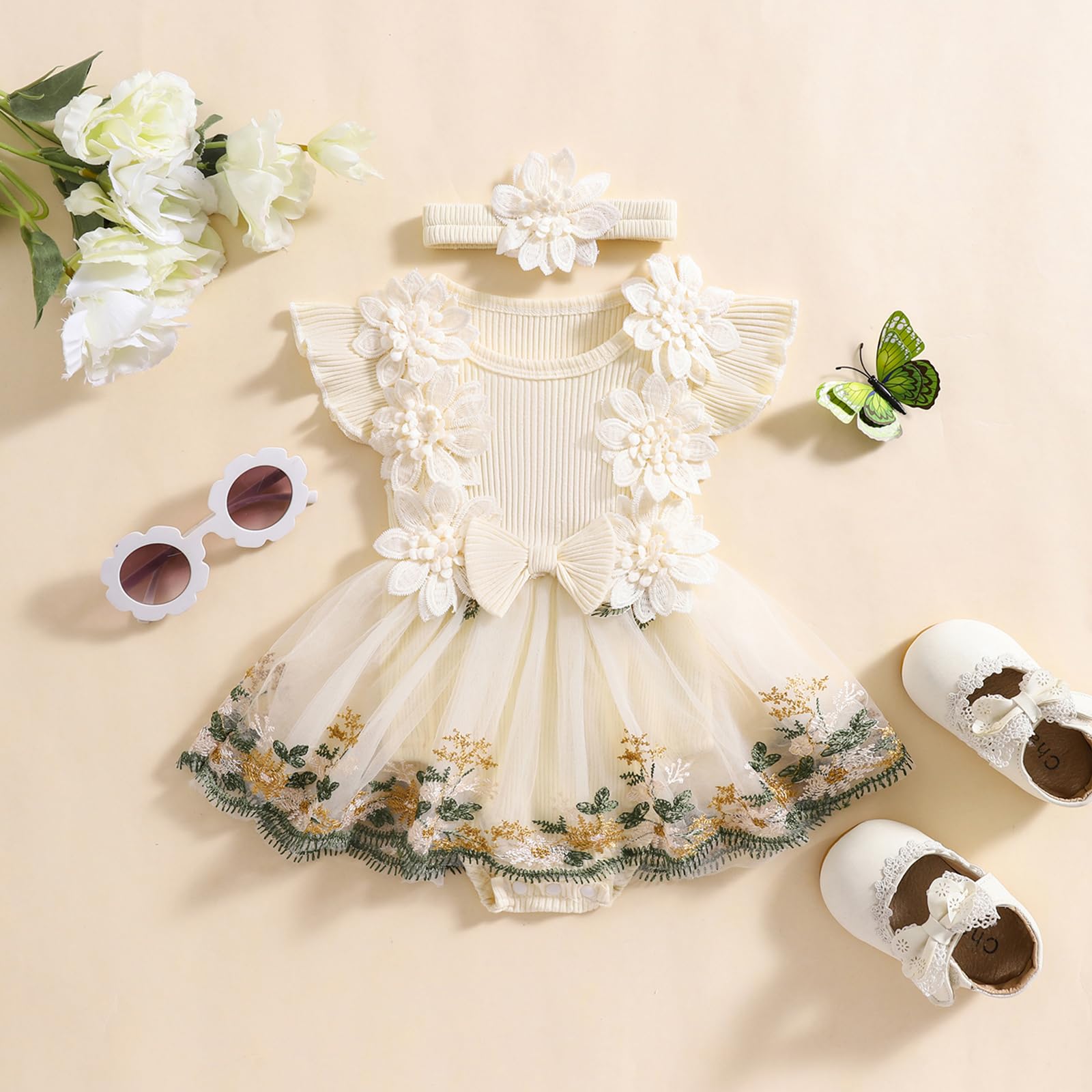 Newborn Baby Girl Summer Dress Ruffle Sleeveless Floral Embroidery Romper Dress Headband Beautiful Clothes Set (Apricot, 6-12 Months)