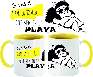 Taza Mafalda – “Si vas a tirar la toalla que sea en la playa” | Taza de cerámica divertida 350 ml con caja | Regalo origin...