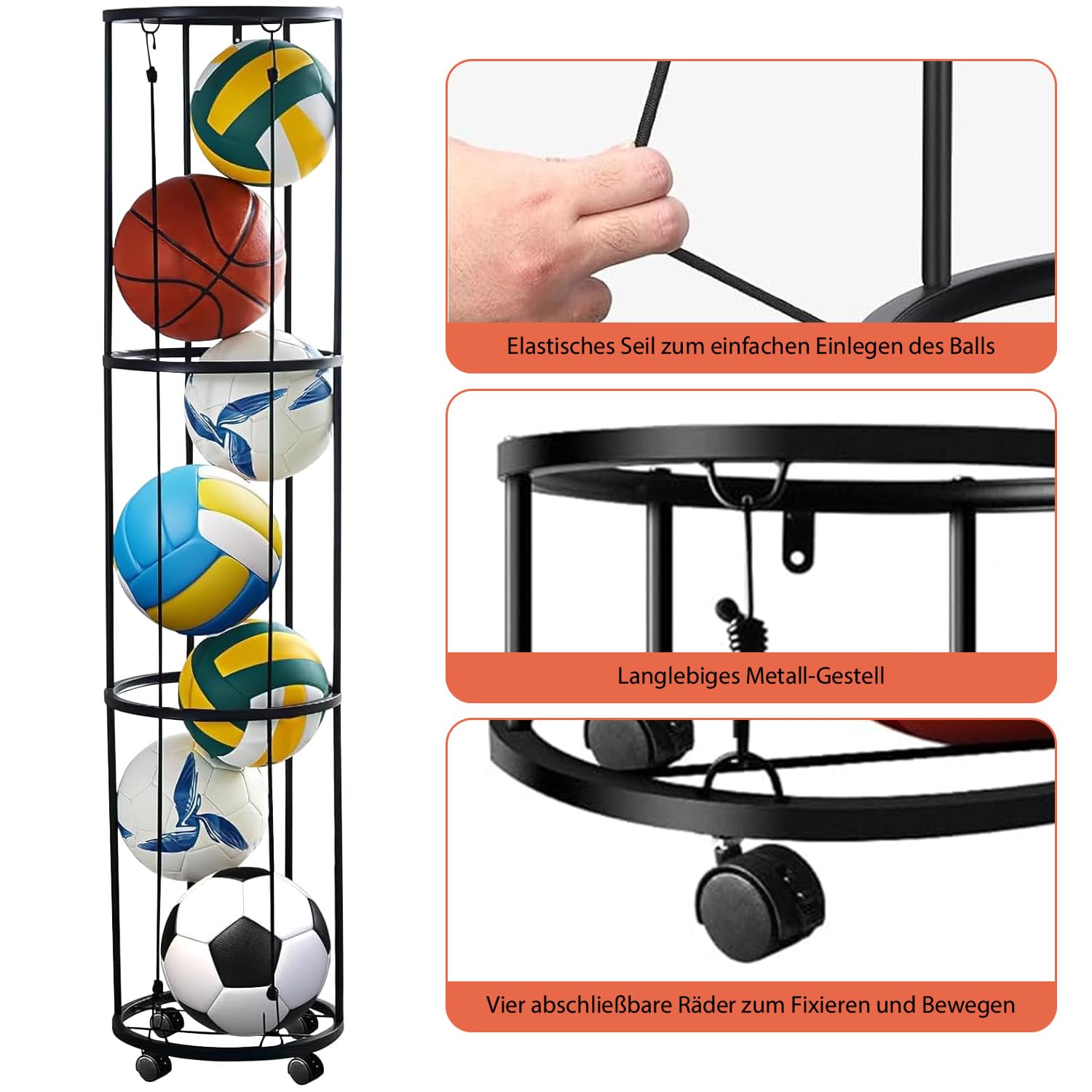 Vertikales Ballständer, Ballständer mit Rollen Ball Aufbewahrung Wandmontierter Ballaufbewahrungskäfig, Ballaufbewahrungsregal für Basketball, Fußball, Volleyball (3-Lagiges)
