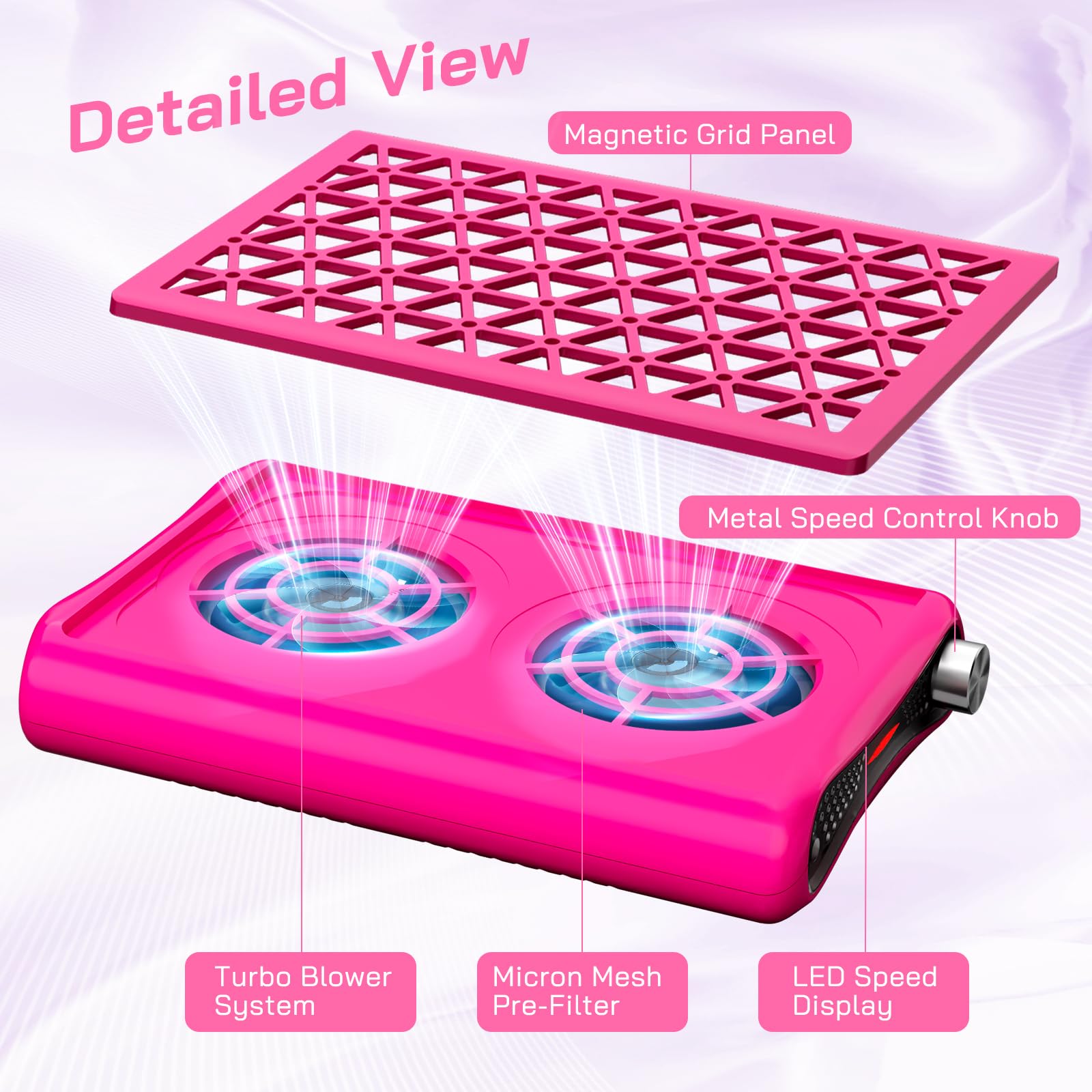 Aspiratore per unghie cablato, doppio ventilatore turbo con potenza di aspirazione 1600 Pa, 30 fogli filtranti, 6000 giri/min, potenza di aspirazione regolabile per manicure, salone di unghie (Rosso)