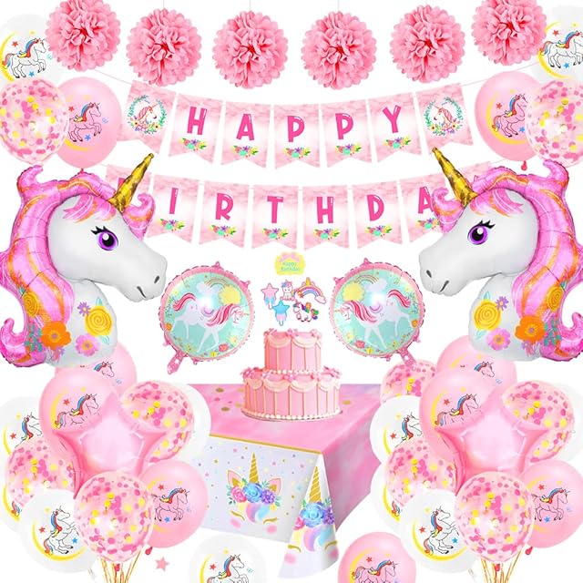 Birthday Party Decoration Girls,TOLOYE Pink Unicorn Birthday Decoration Set with Banner Latex Confetti 3D Unicorn Foil Balloons Pompoms,Pastel Unicorn Party Supplies for Baby Girl Teens (Pink)