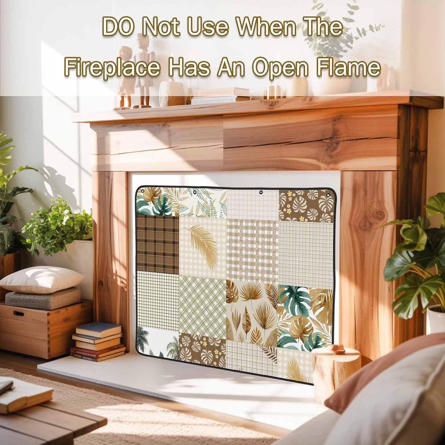 Magnetic Fireplace Cover Brown Botanical Patchwork Fireplace Screen Tropical Palm Leaves Plaid Insulation Fireplace Blocker Save Energy Fireplace Draft Stopper Covers for Living Room 36x30 Inch