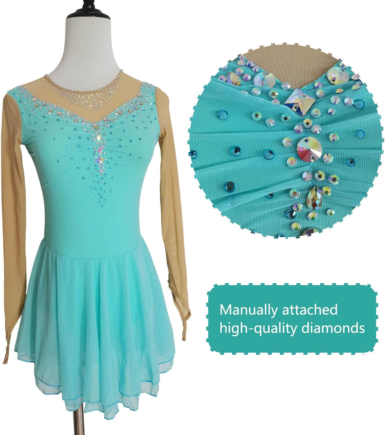 LIUHUO Ice Figure Skating Dress Women's Girls Light Blue Long Sleeve Competition Elasticity Ventilate