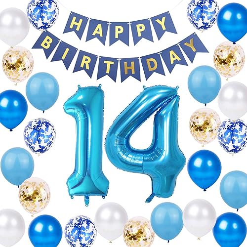 Miniatura 6 de Decoraciones de cumpleaños número 10, color azul para niños y niñas, pancarta de feliz cumpleaños número 10, globos de papel de aluminio de látex