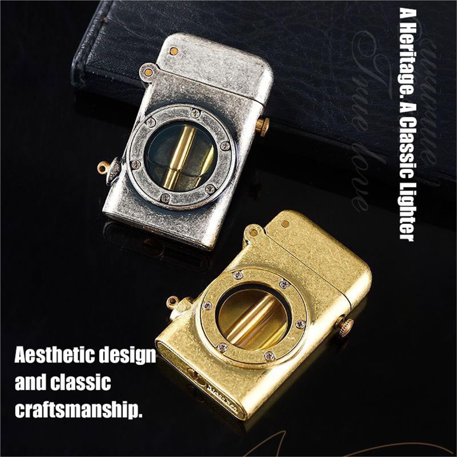 Encendedor portátil de queroseno de latón resistente al viento con bloqueo de seguridad, llama suave y tanque de aceite visible, perfecto para acampar y velas, diseño vintage hecho a mano, paquetes